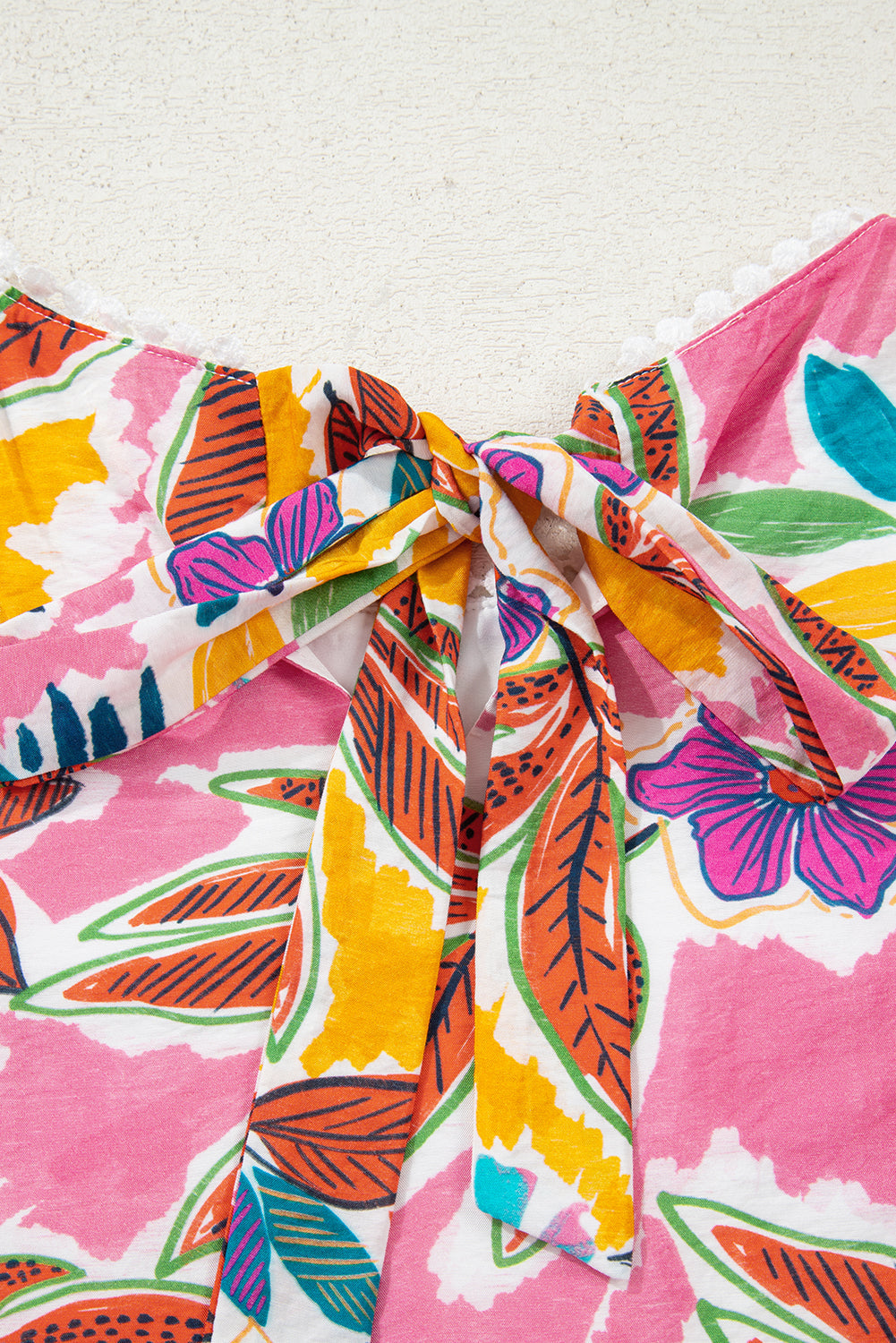 Premium Pink Floral Print Lace Trimmed Tie Back Bell Sleeve Dress