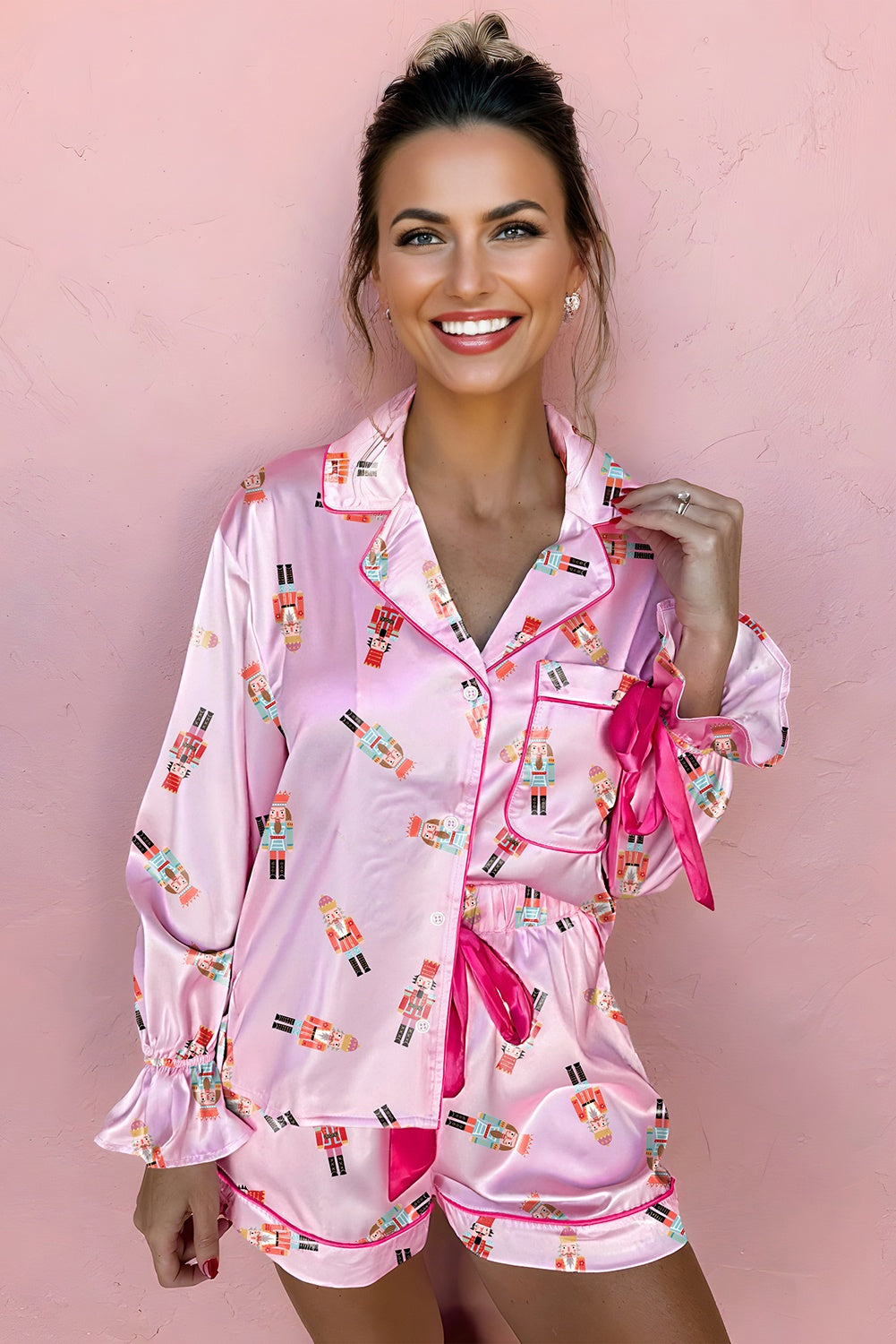 Pink Nutcracker Print Two Piece Pajama Set Contrast Trim Bow