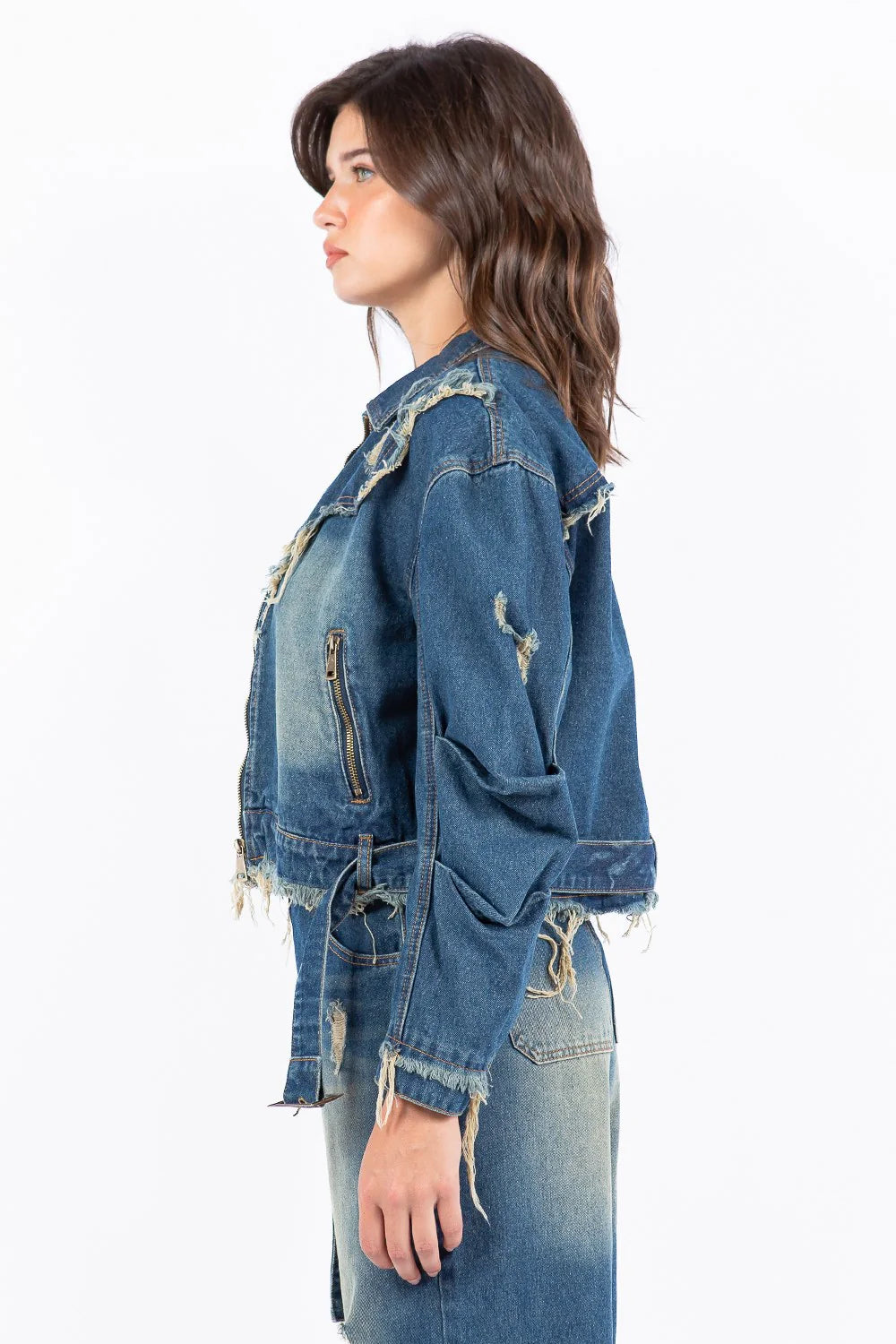 Trendsi American Bazi Full Size Distressed Frayed Edge Zip Up Denim Jacket Plus Size