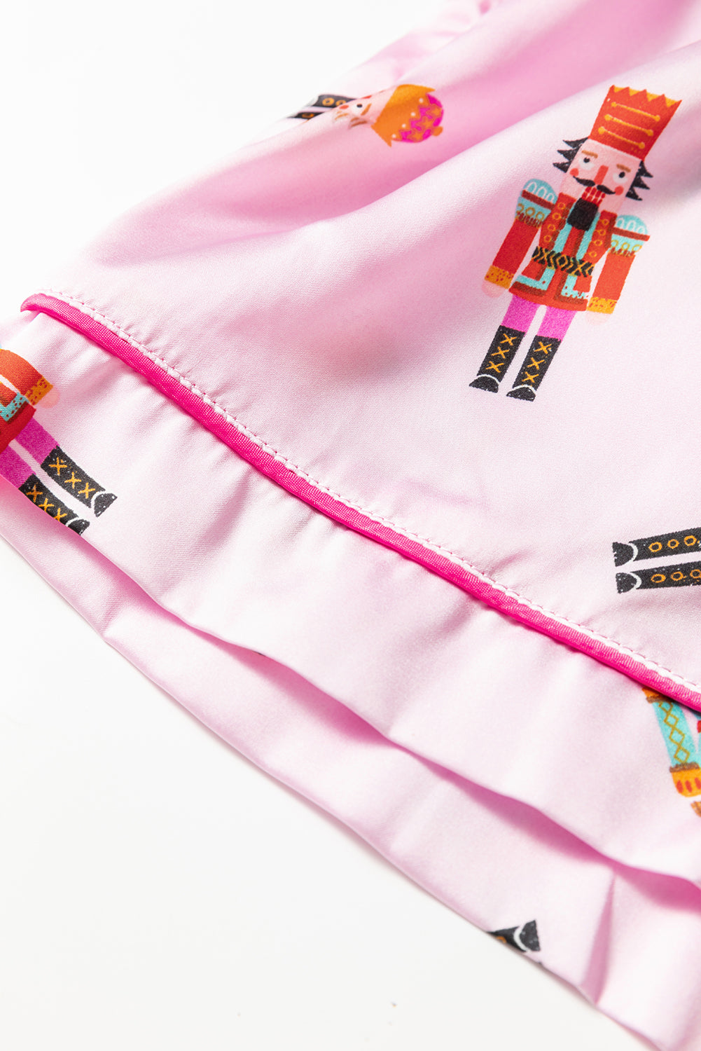 Pink Nutcracker Print Two Piece Pajama Set Contrast Trim Bow