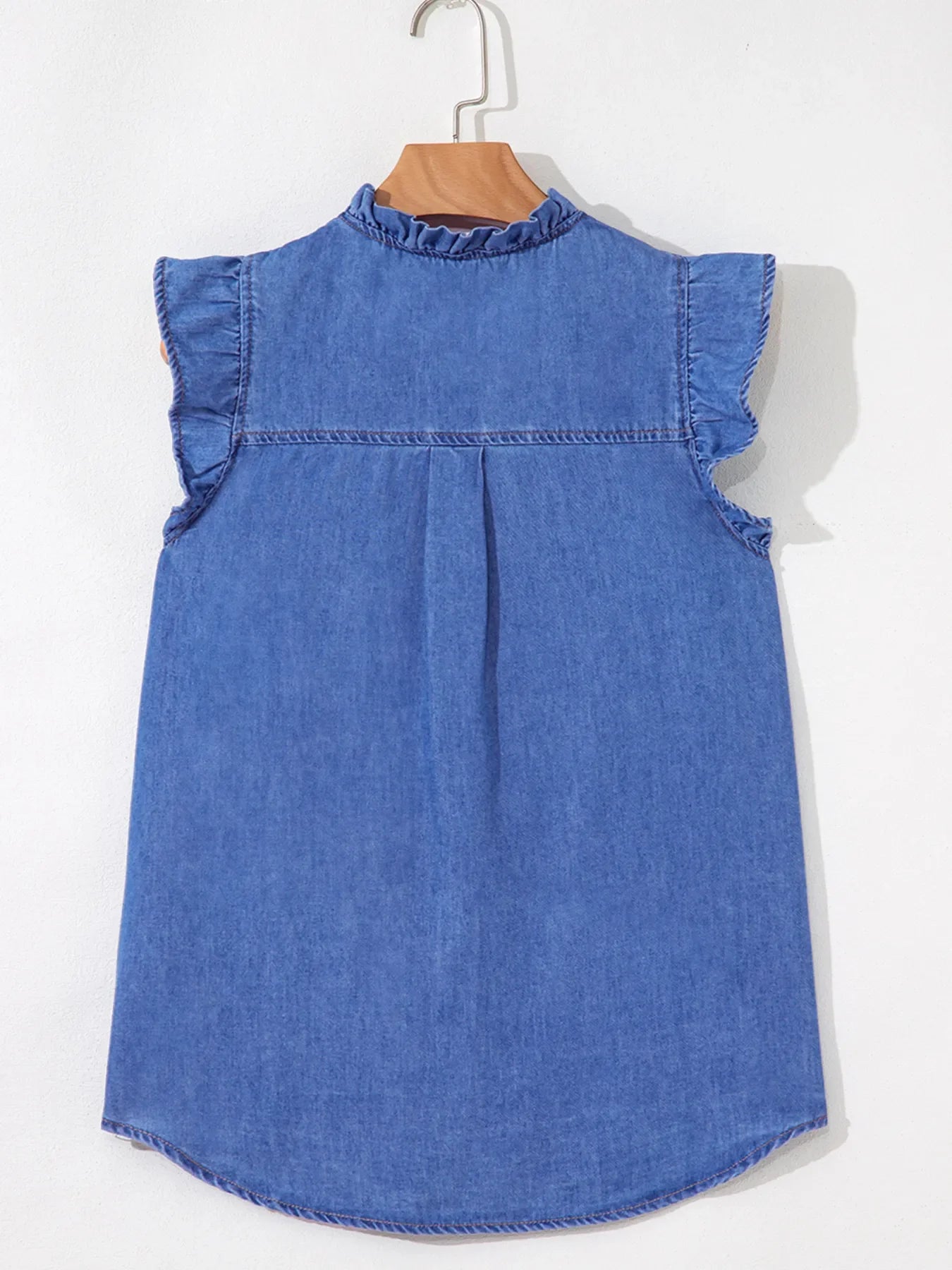 Mineral Wash Cap Sleeve Frilled Button Up Denim Shirt