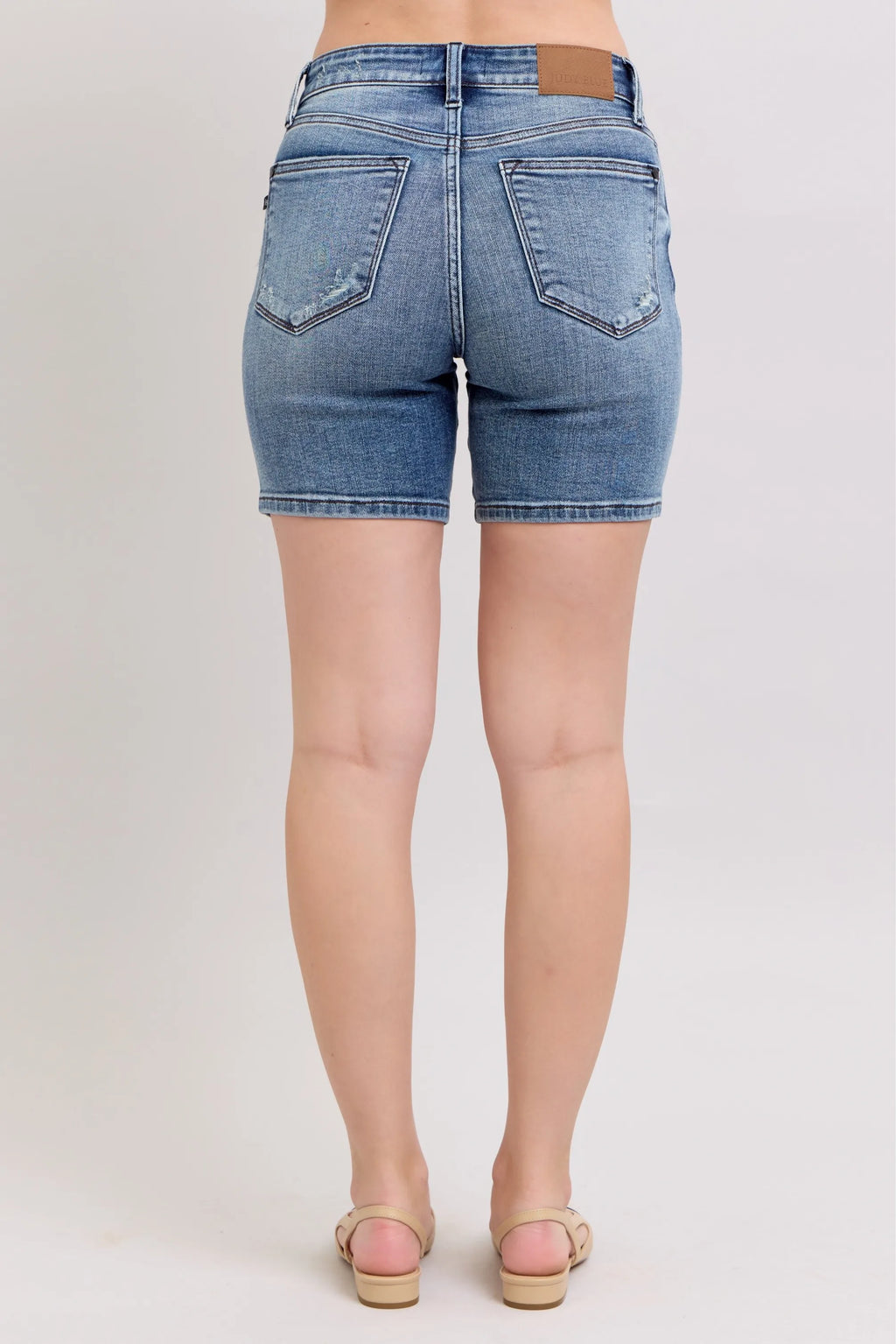 Judy Blue Button Fly Mid Length Distressed Denim Shorts