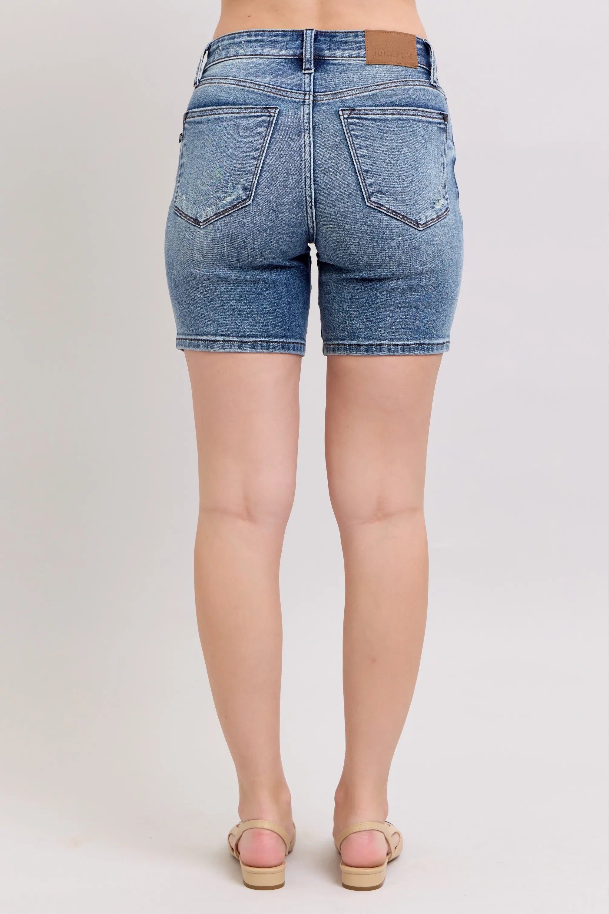 Judy Blue Button Fly Mid Length Distressed Denim Shorts