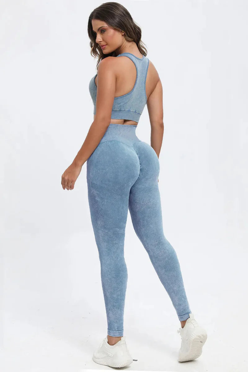 Trendsi Washed Square Neck Active Set Women's Light Blue Small