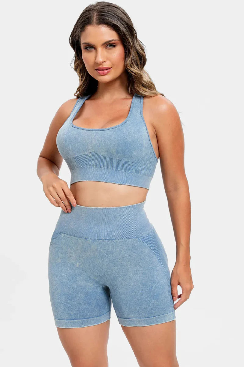 Trendsi Washed Square Neck Active Set Women's Light Blue Small