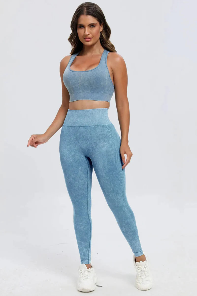 Trendsi Washed Square Neck Active Set Women's Light Blue Small