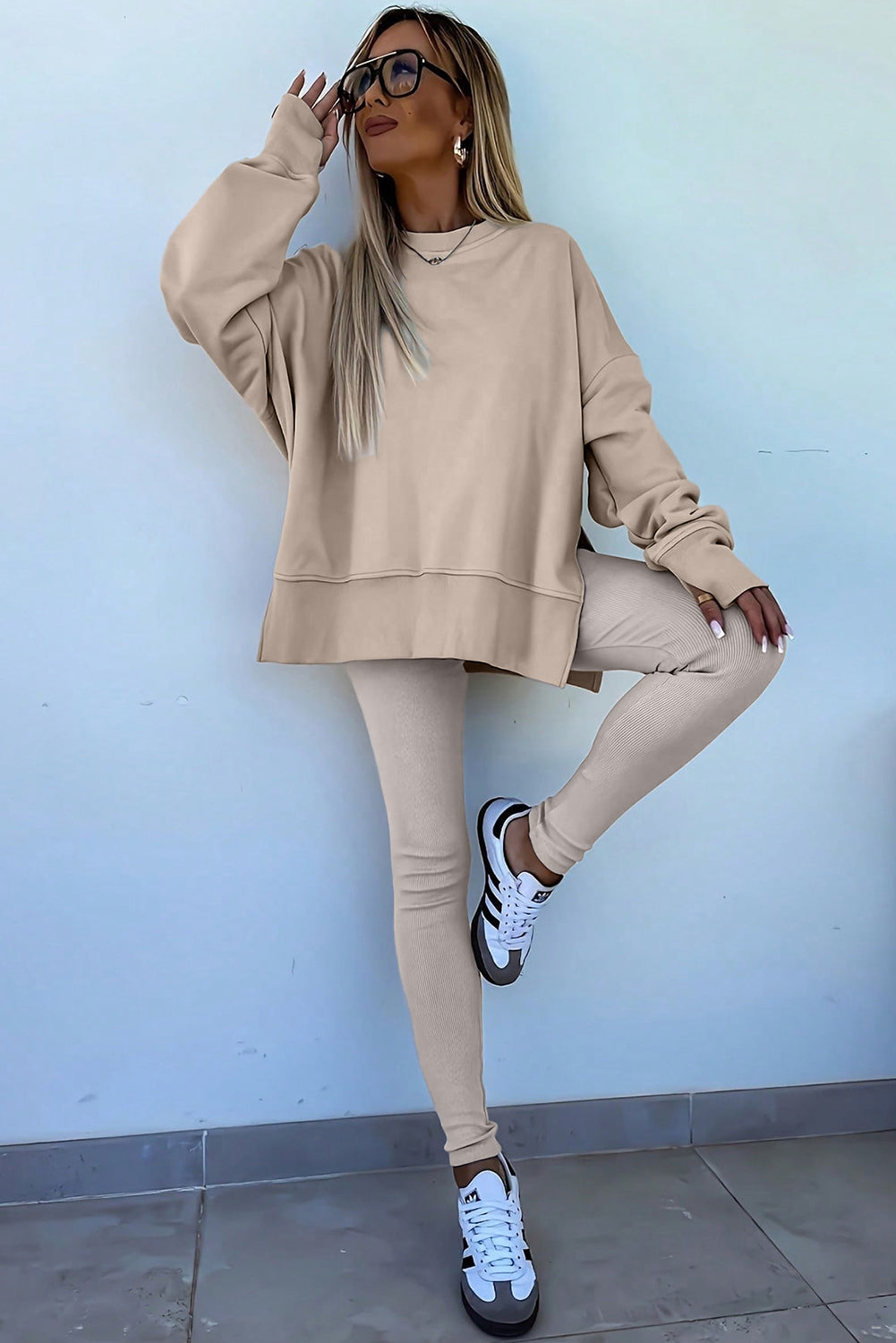 Jet Stream Oversize Slit Sweatshirt And Ribbed Leggings Set