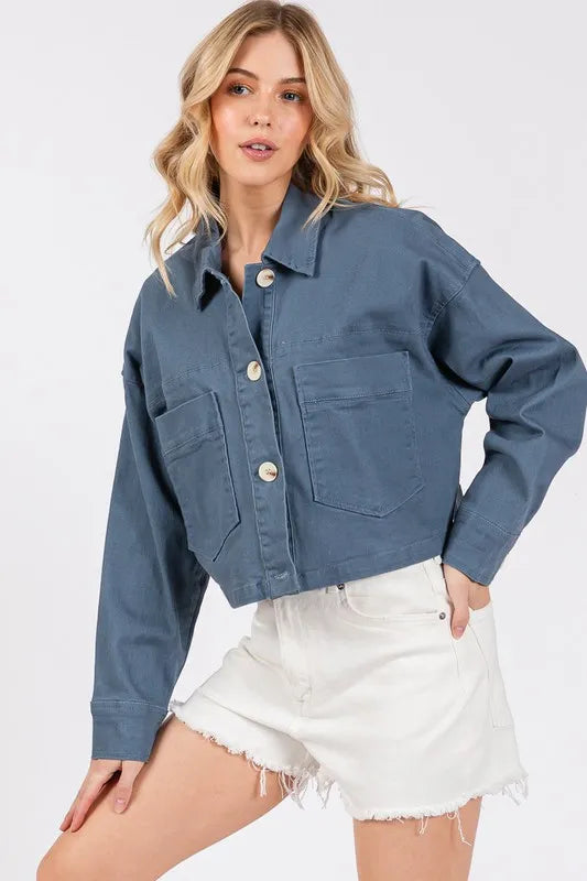 Bytos Button Down Cropped Denim Jacket With Patch Pockets