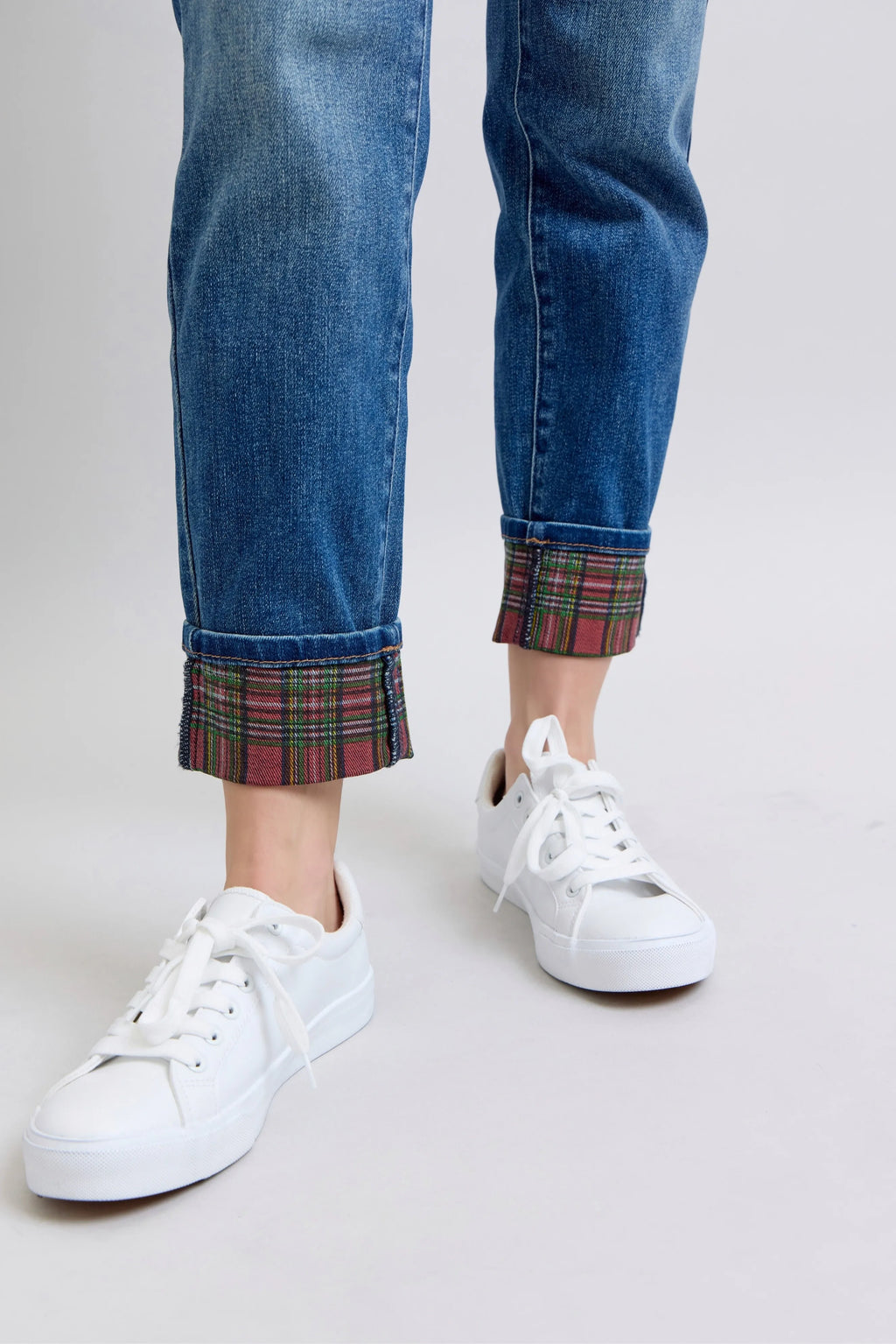 Judy Blue Plaid Print Cuff Boyfriend Jeans Plus Size