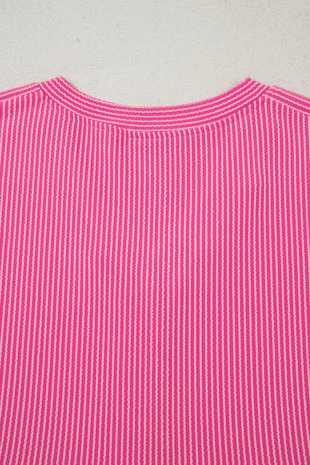 Bright Pink Spiral Ribbed Short Sleeve V Neck Buttoned Romper with Pocket