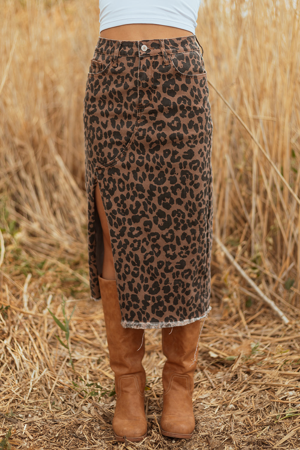 Brown Leopard Denim Frayed Split Denim Midi Skirt For Women