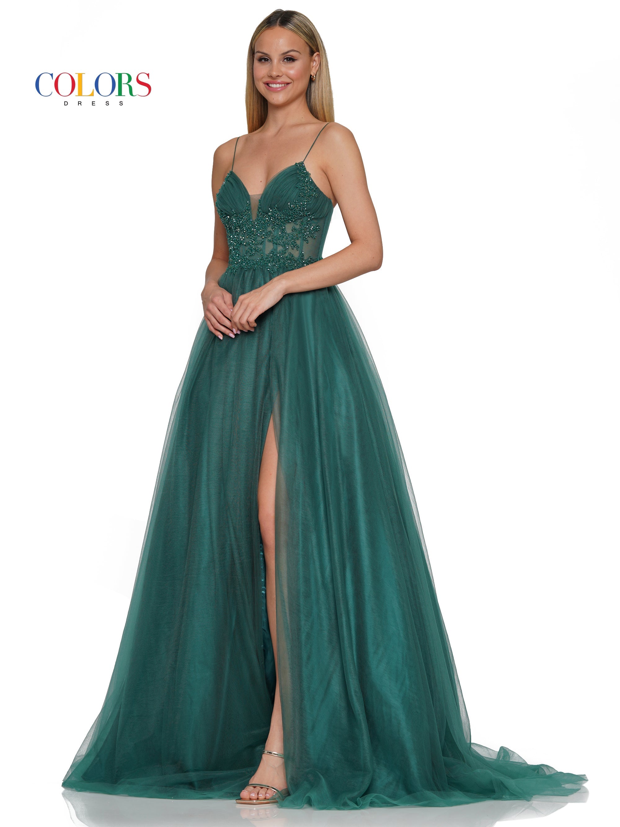 Colors 3227 Long Spaghetti Strap Beaded Mesh Prom Ball Gown