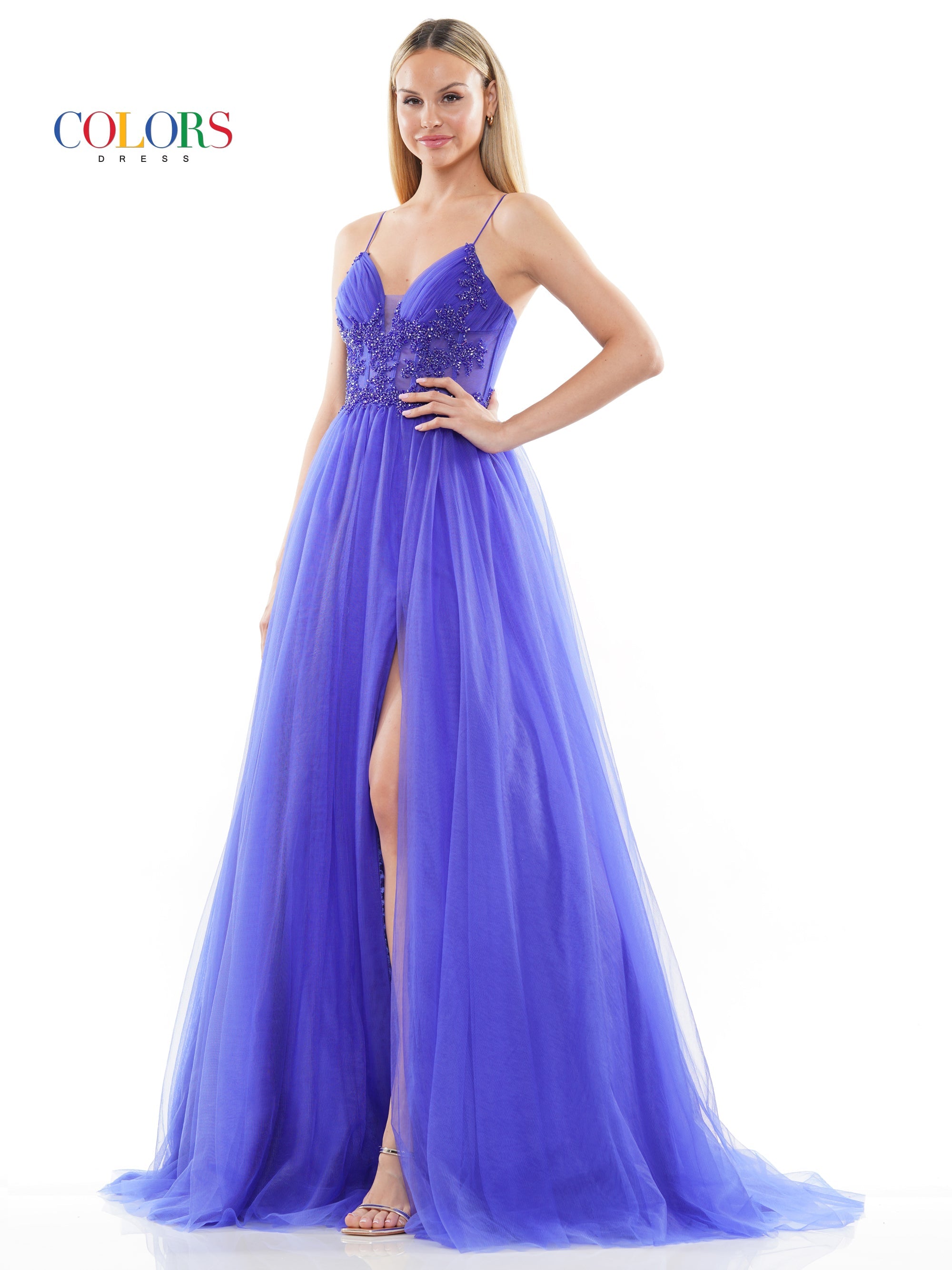 Colors 3227 Long Spaghetti Strap Beaded Mesh Prom Ball Gown