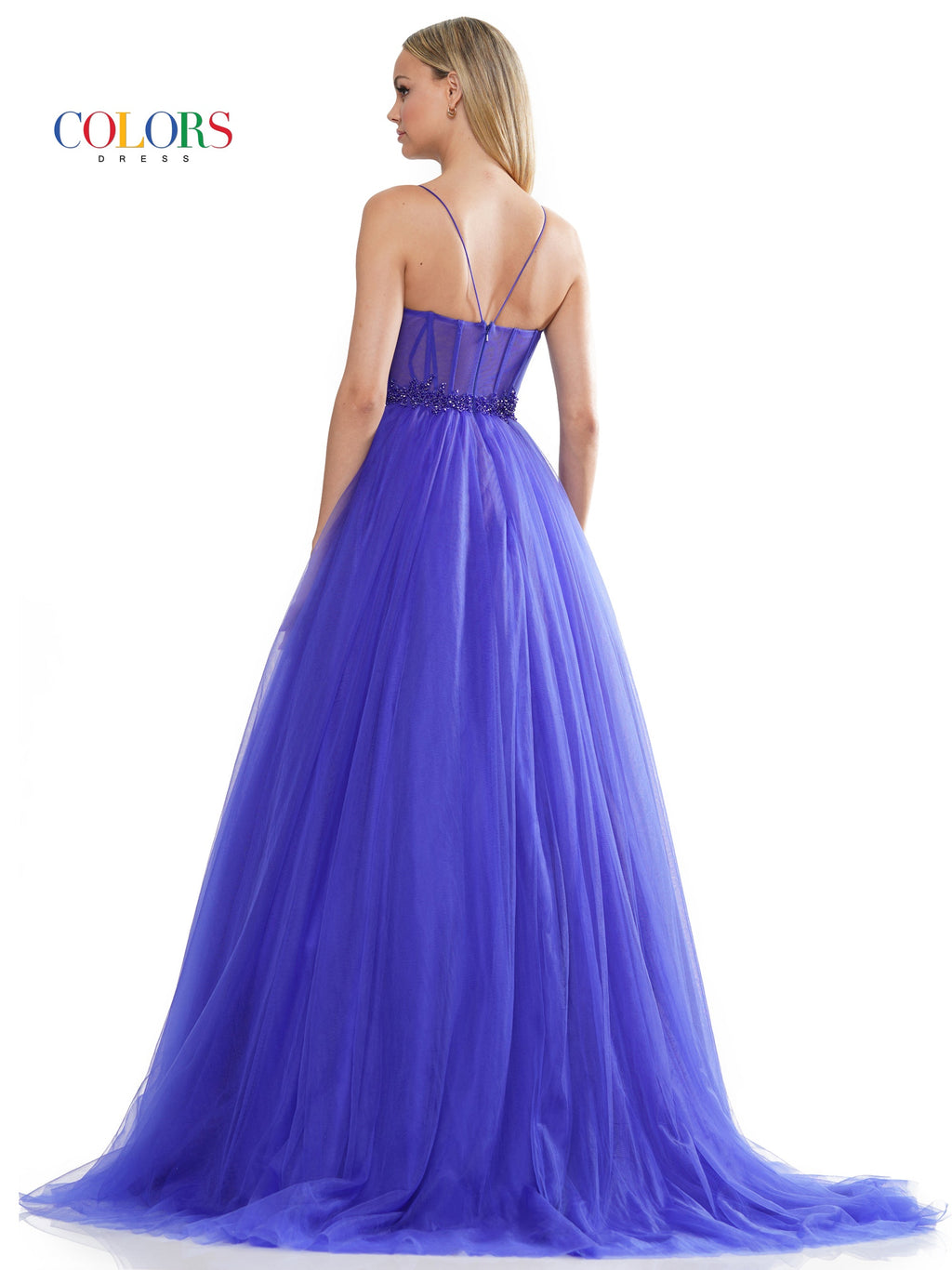 Colors 3227 Long Spaghetti Strap Beaded Mesh Prom Ball Gown