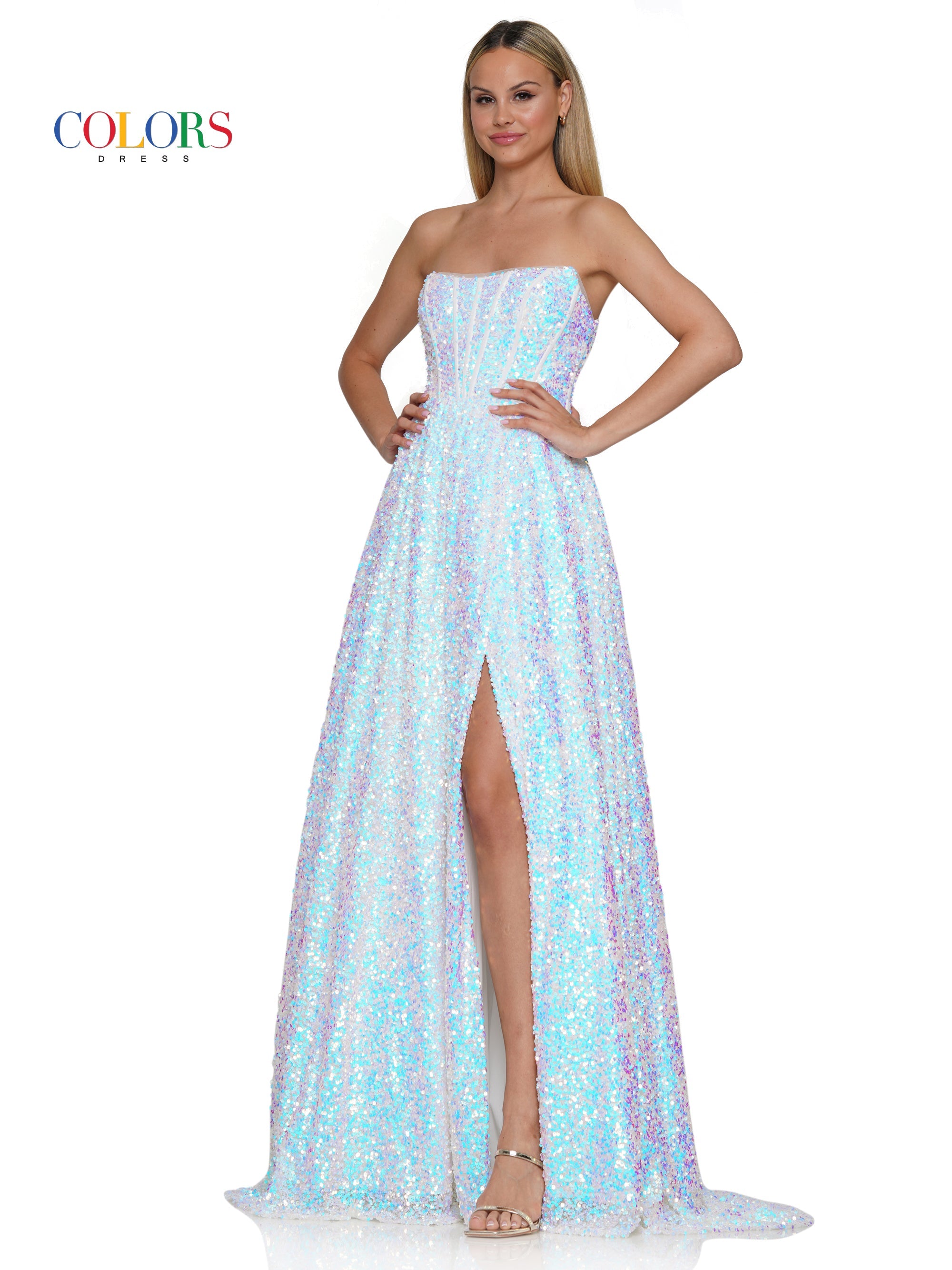 Colors 3229 Long Strapless Sequin A Line Prom Dress