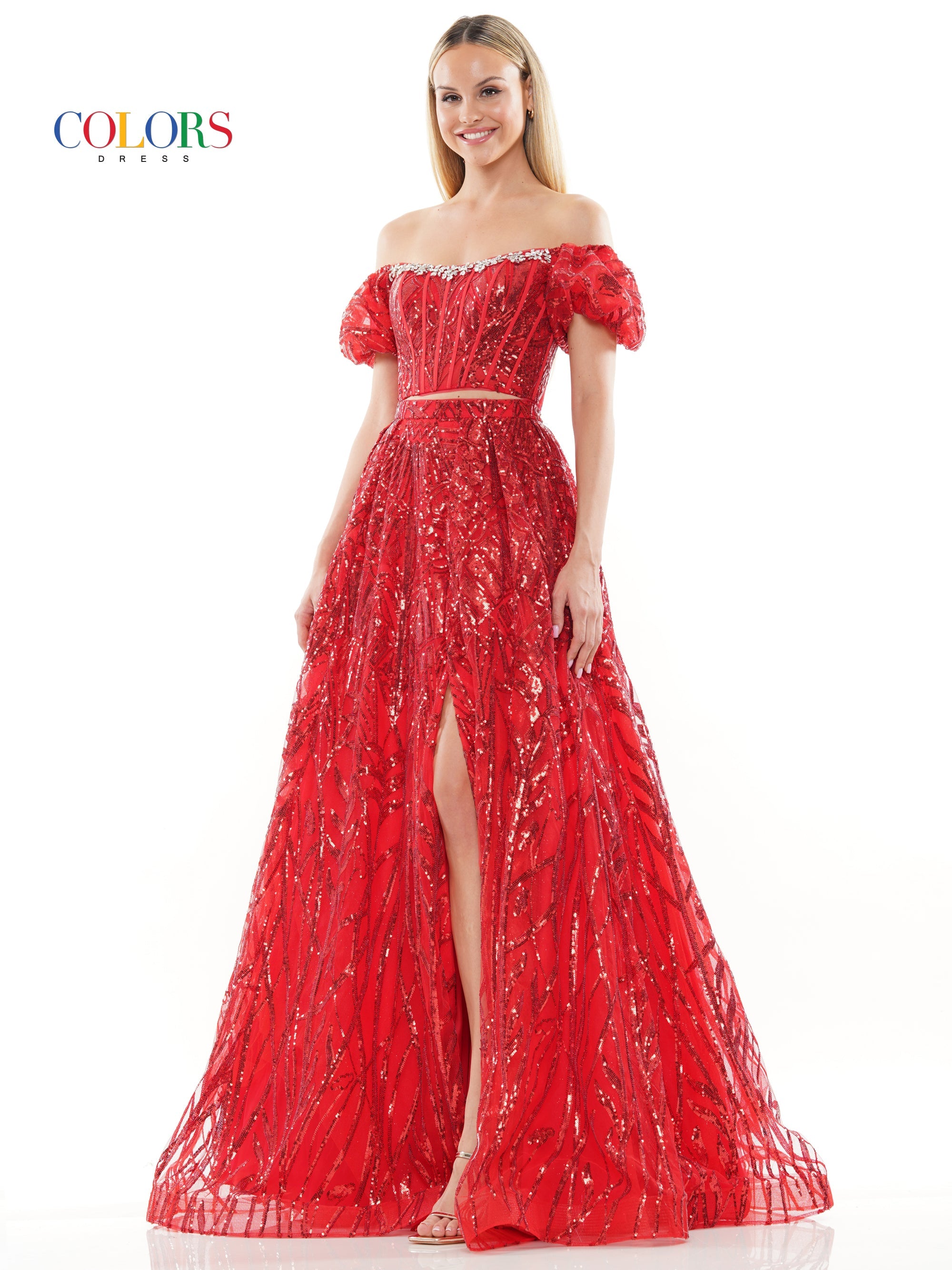 Colors 3232 Prom Long Off Shoulder Glitter Mesh Ball Gown