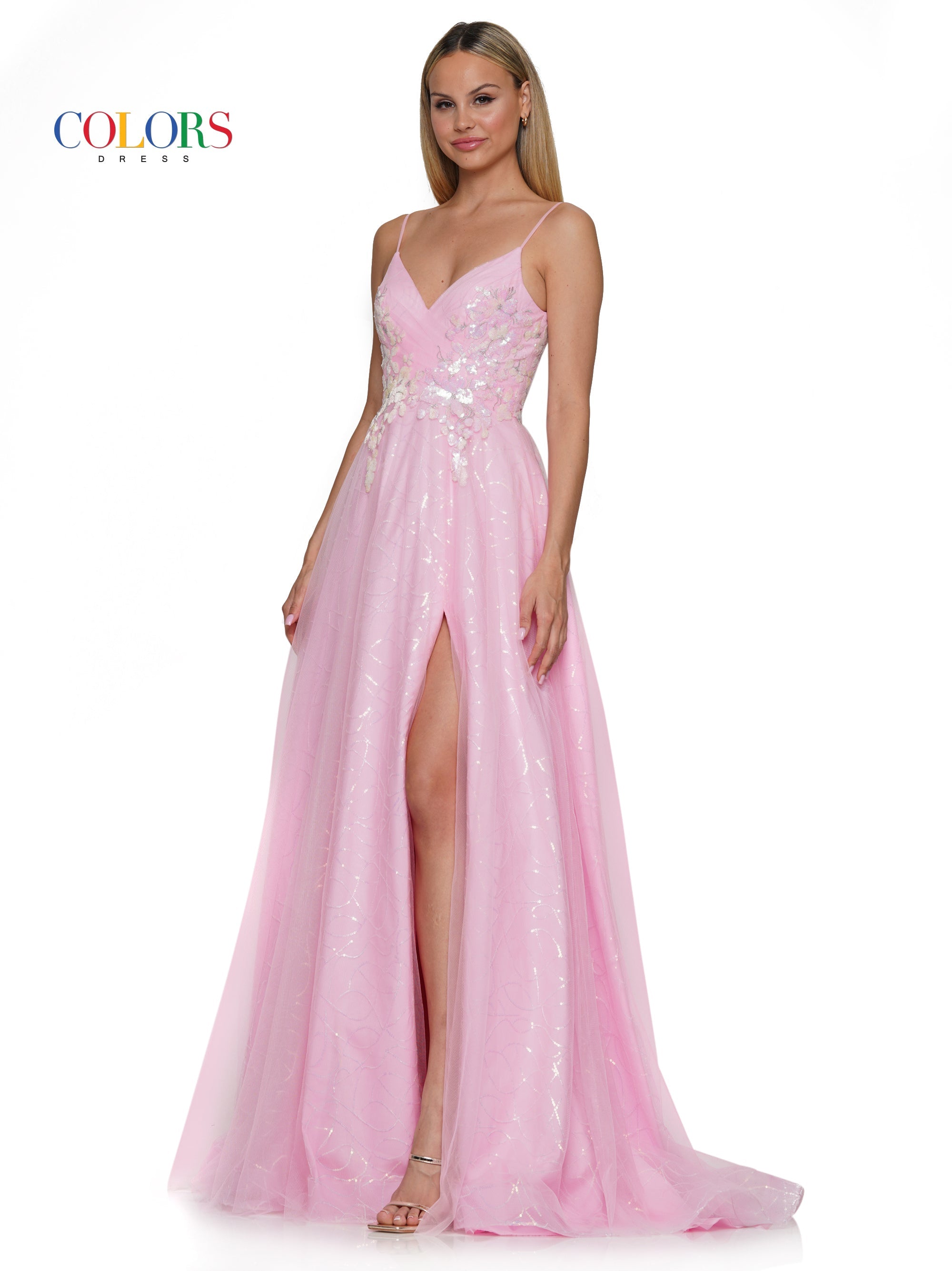 Colors 3235 Prom Long Spaghetti Strap Glitter Ball Gown