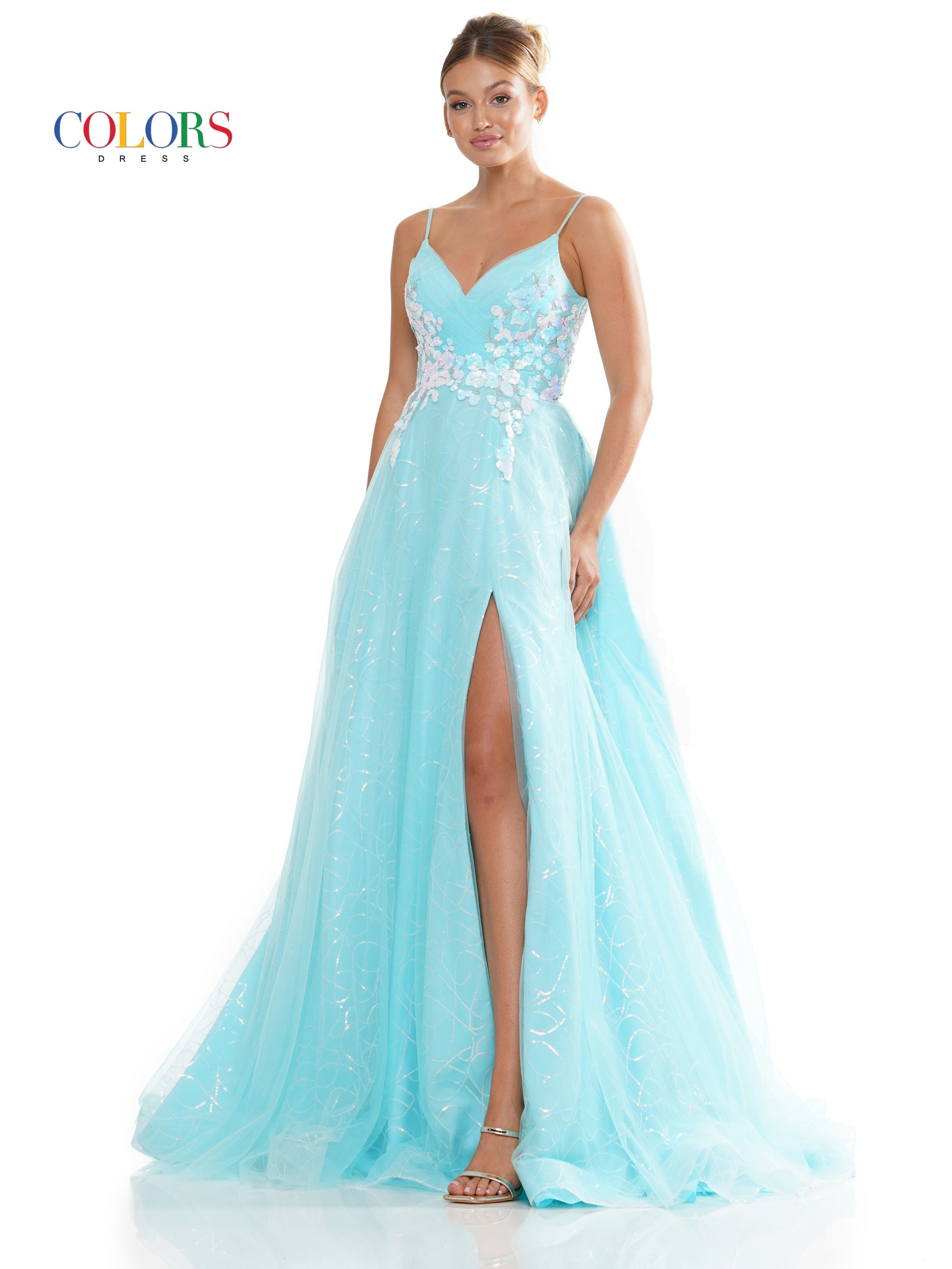 Colors 3235 Prom Long Spaghetti Strap Glitter Ball Gown