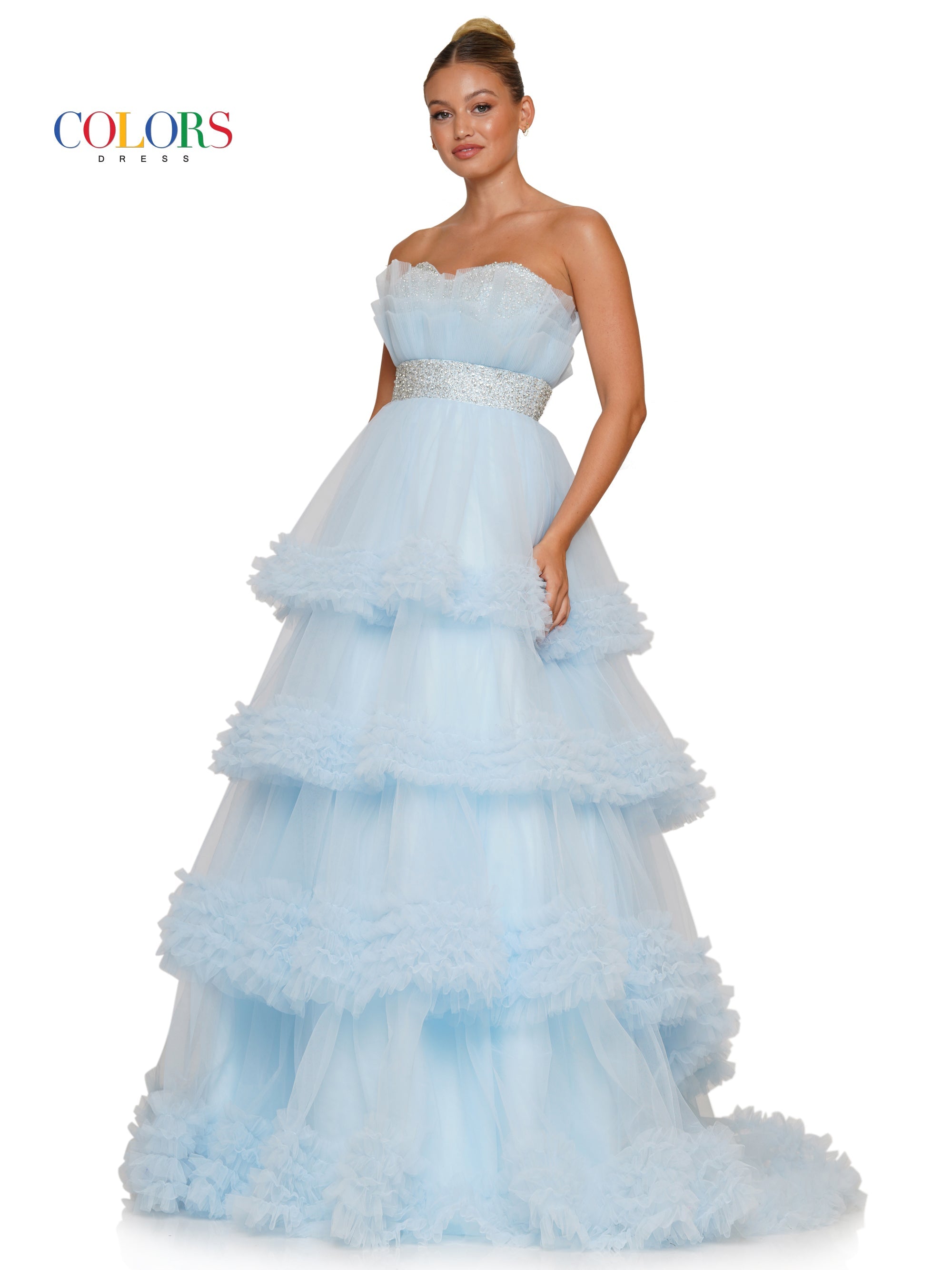 Colors 3245 Prom Long Strapless Tiered Ball Gown