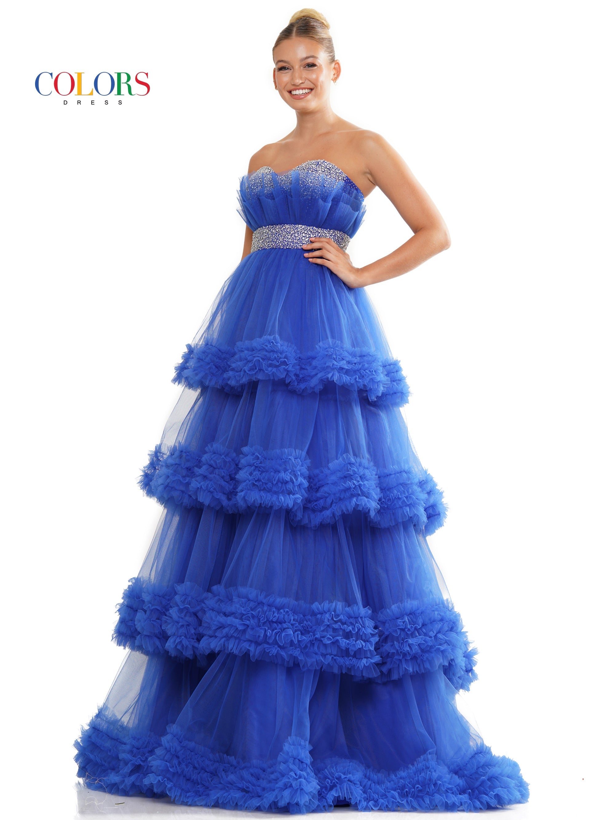 Colors 3245 Prom Long Strapless Tiered Ball Gown