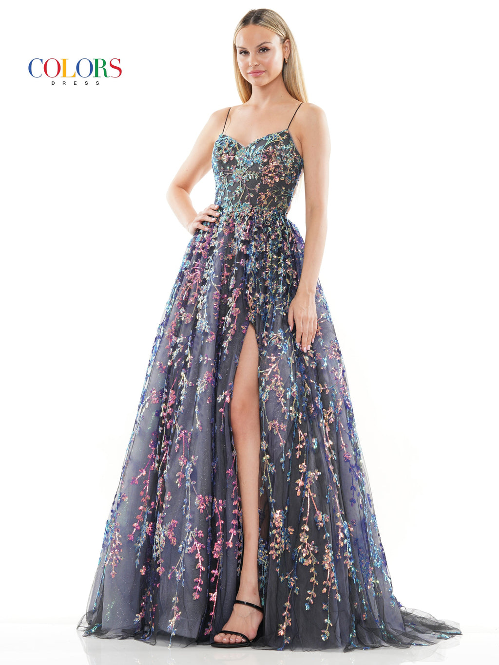 Colors 3247 Long Spaghetti Strap Sequin Prom Ball Gown