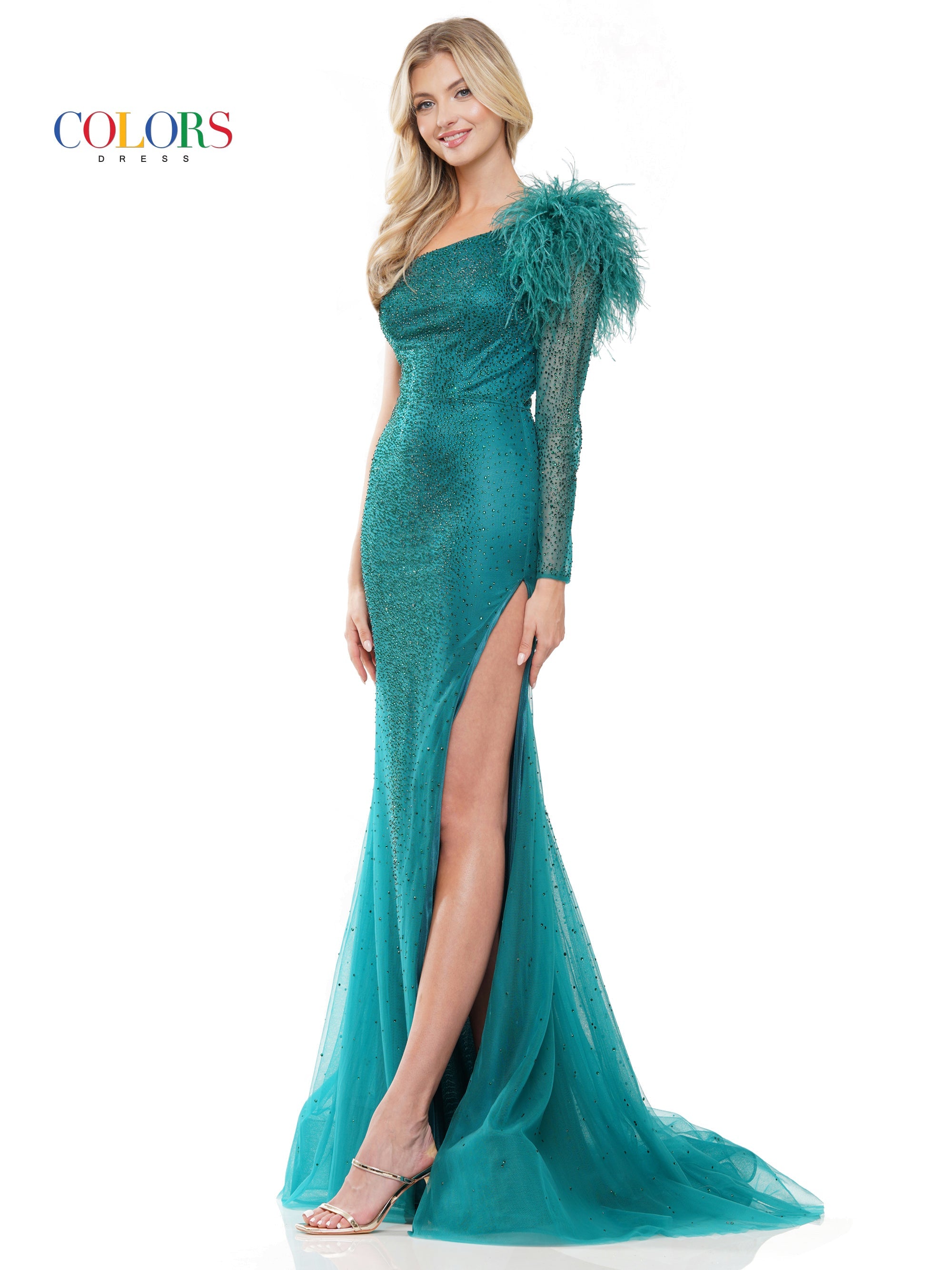 Colors 3251 Long One Shoulder Feather Prom Dress