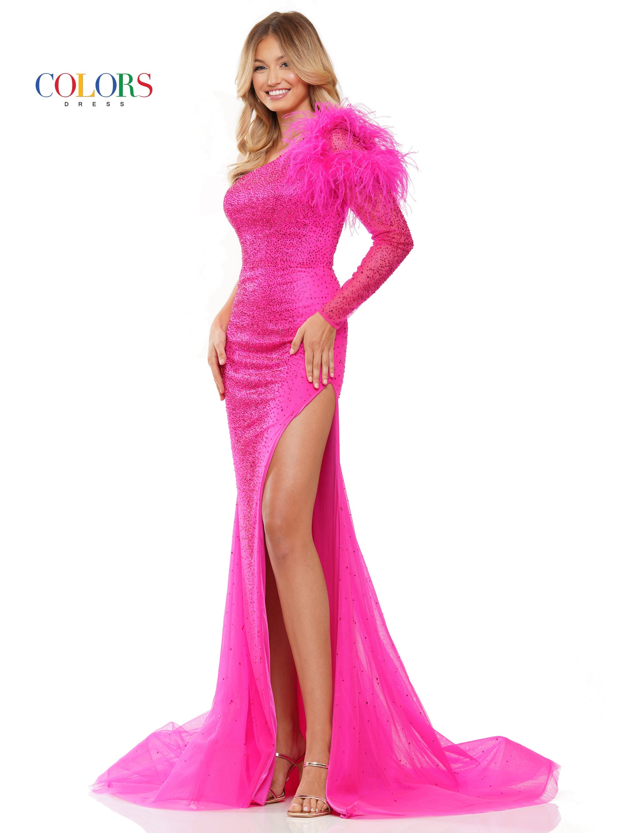 Colors 3251 Long One Shoulder Feather Prom Dress