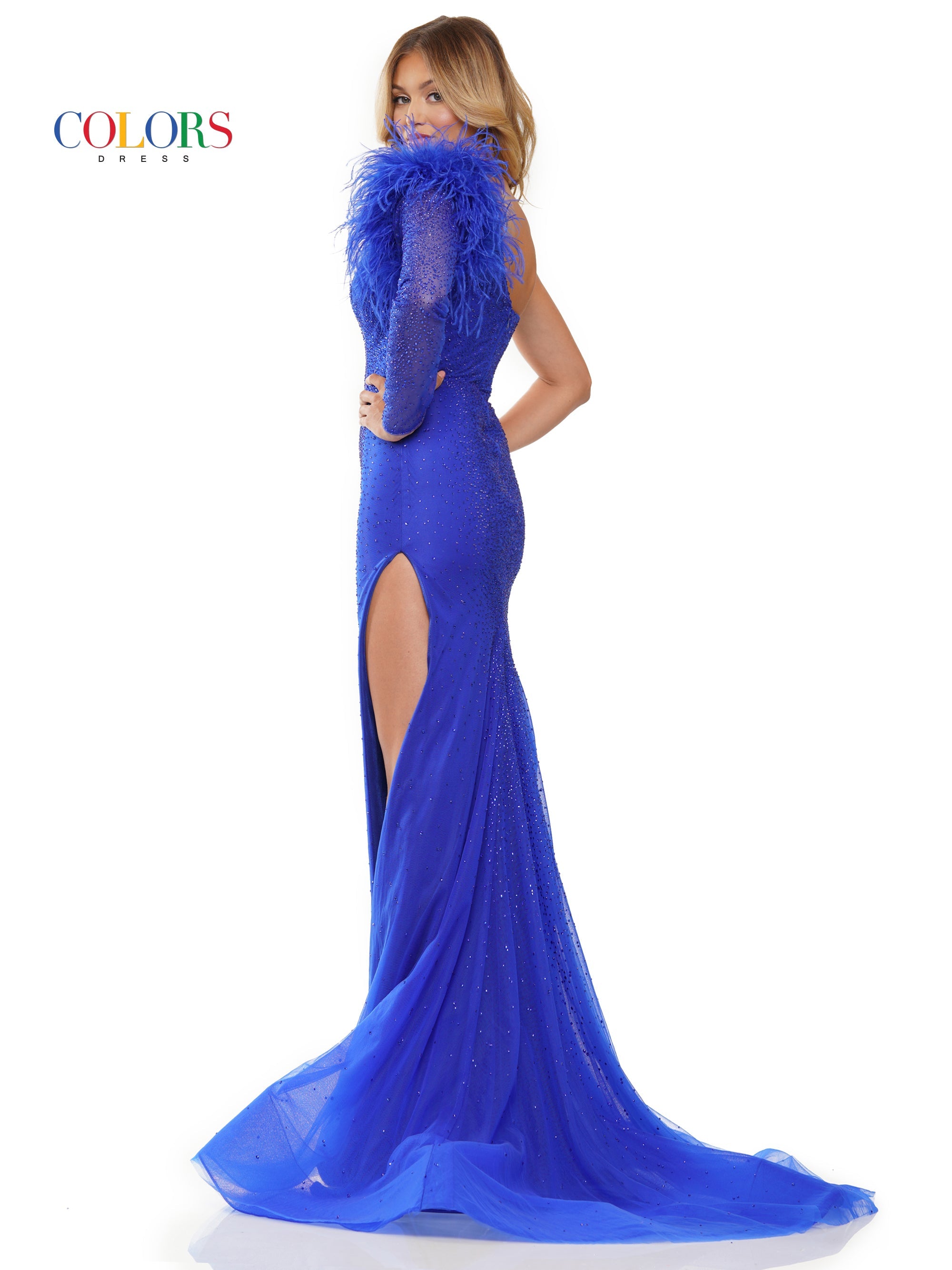 Colors 3251 Long One Shoulder Feather Prom Dress