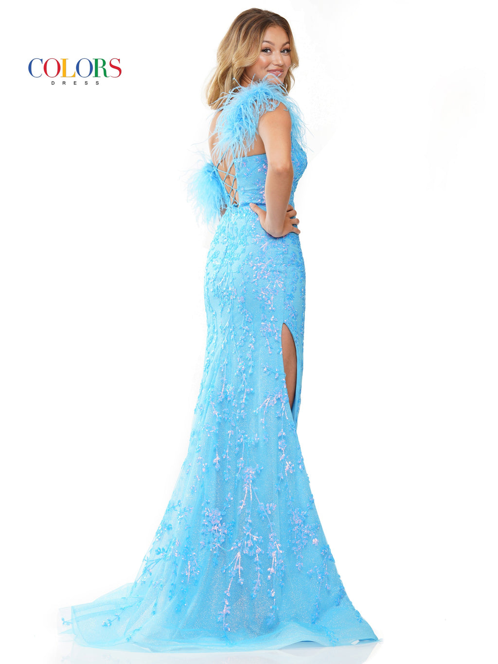 Colors 3253 Long One Shoulder Fitted Feather Prom Dress