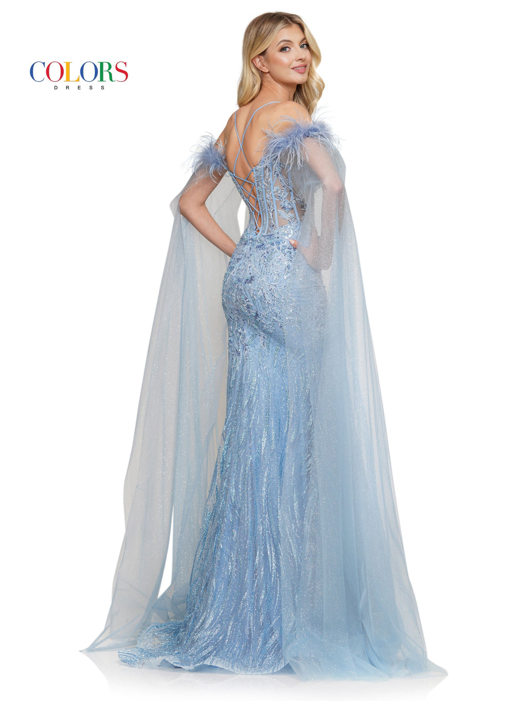 Colors 3258 Long Formal Glitter Mesh Prom Dress