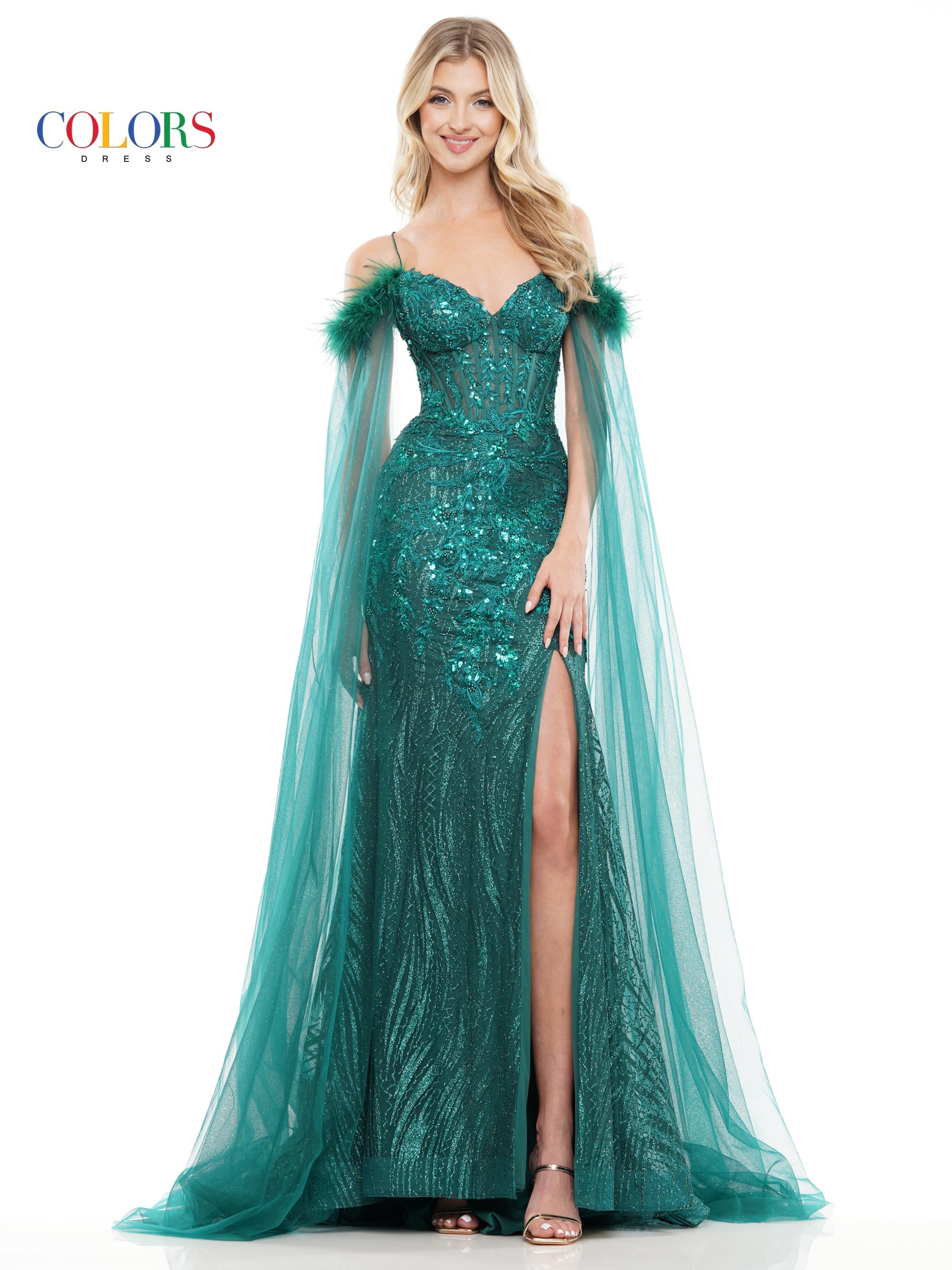 Colors 3258 Long Formal Glitter Mesh Prom Dress
