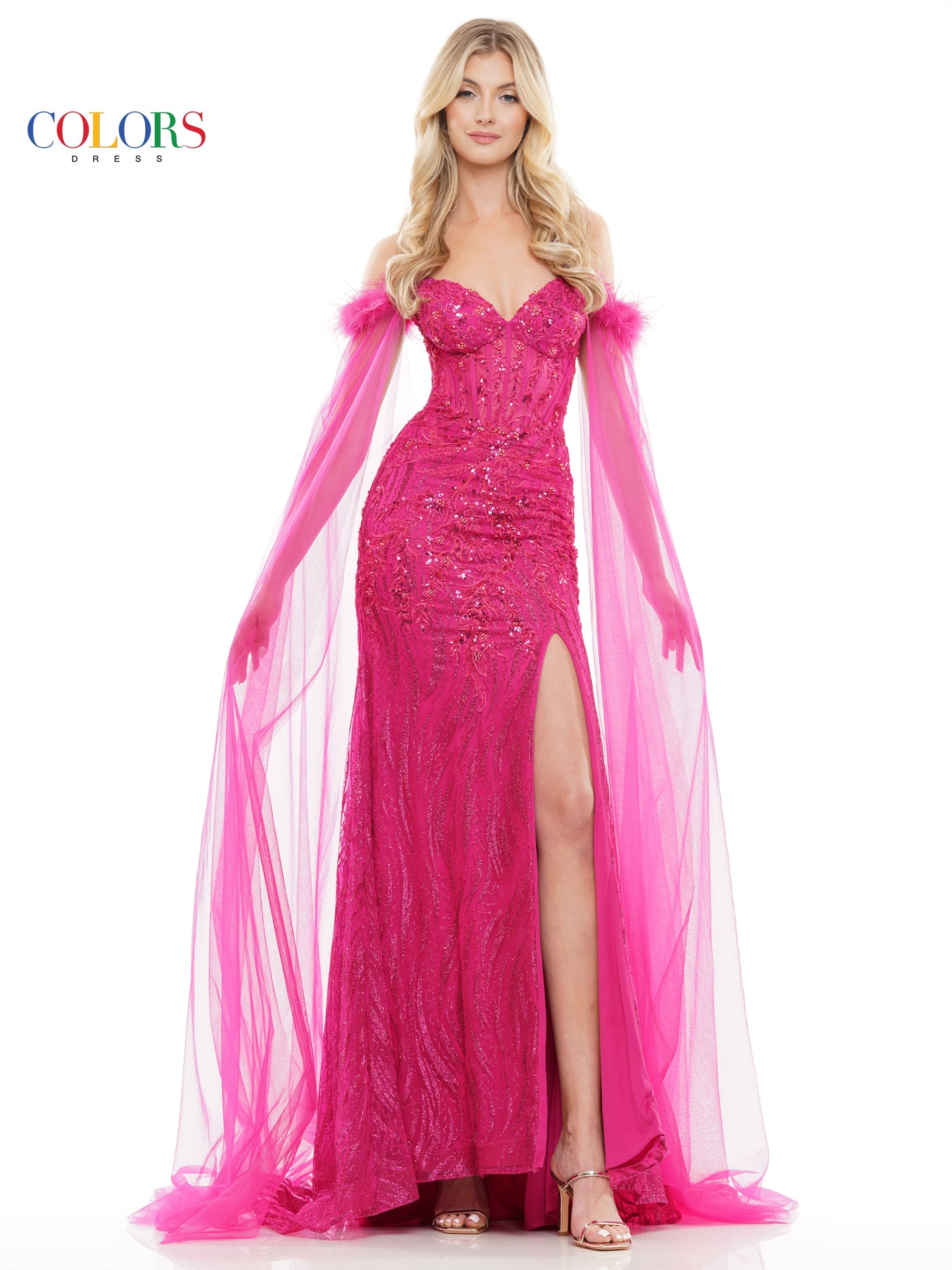 Colors 3258 Long Formal Glitter Mesh Prom Dress