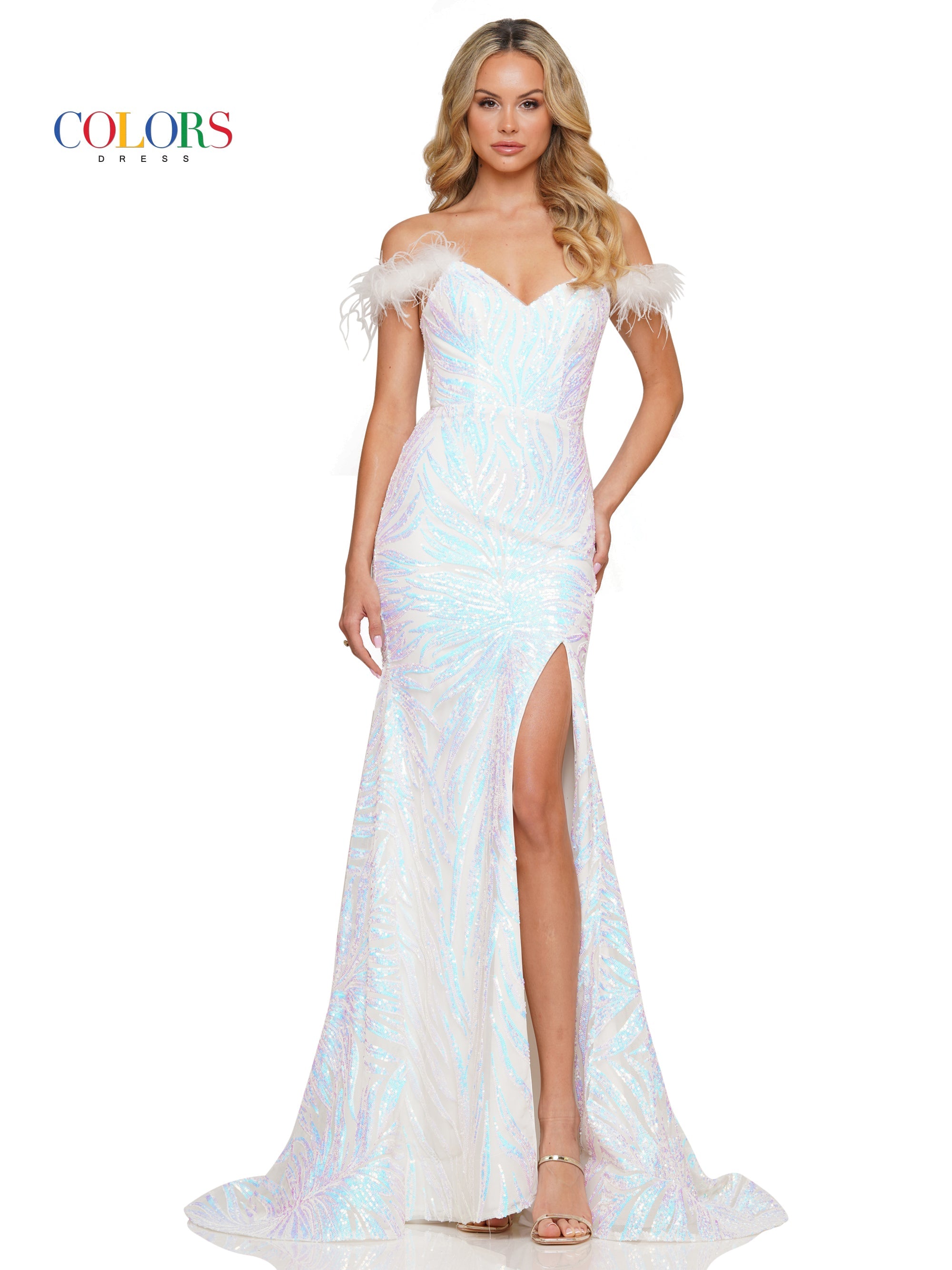 Colors 3260 Long Off Shoulder Formal Sequin Prom Dress
