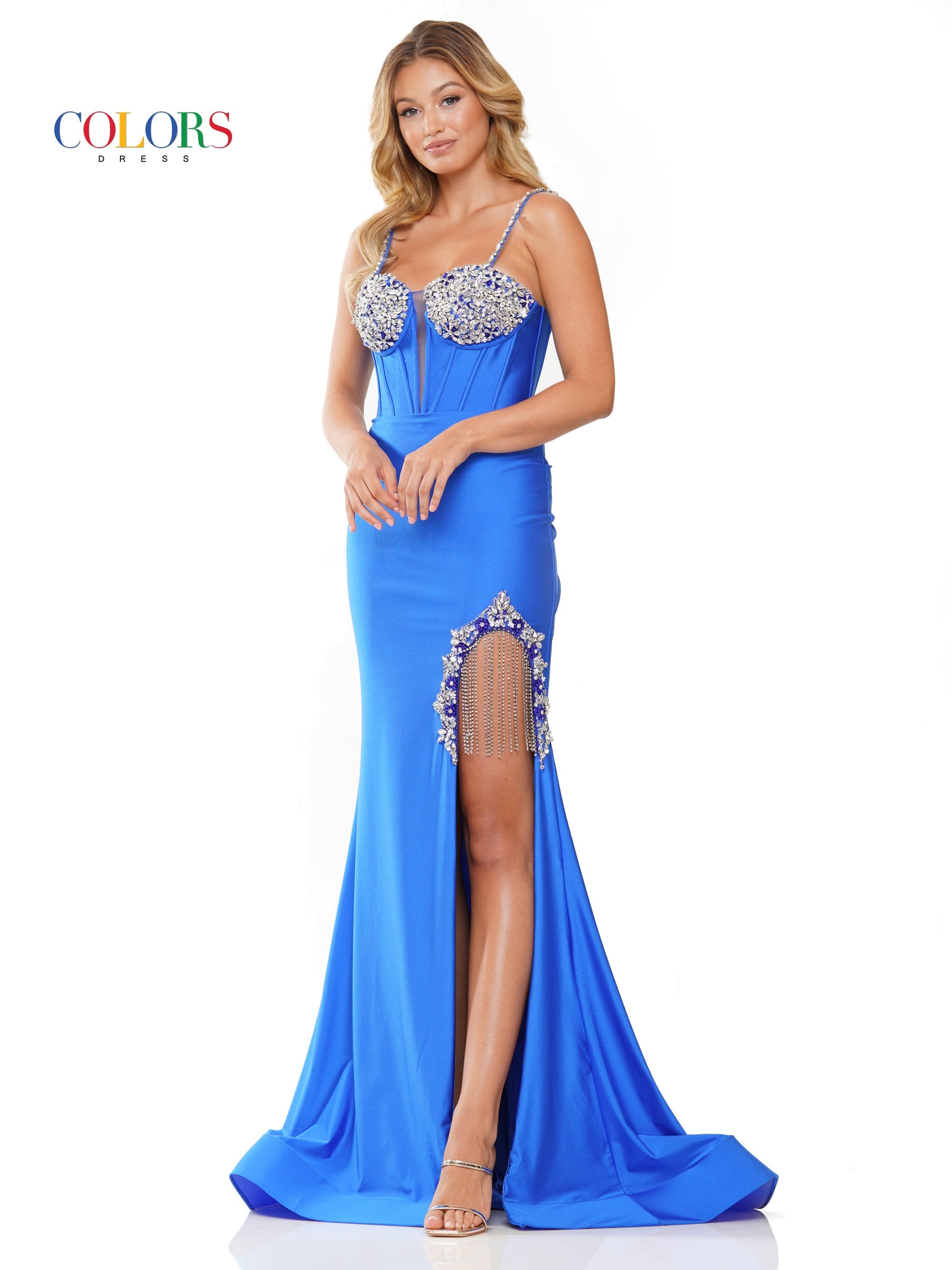Colors 3271 Long Formal Fitted Satin Prom Dress