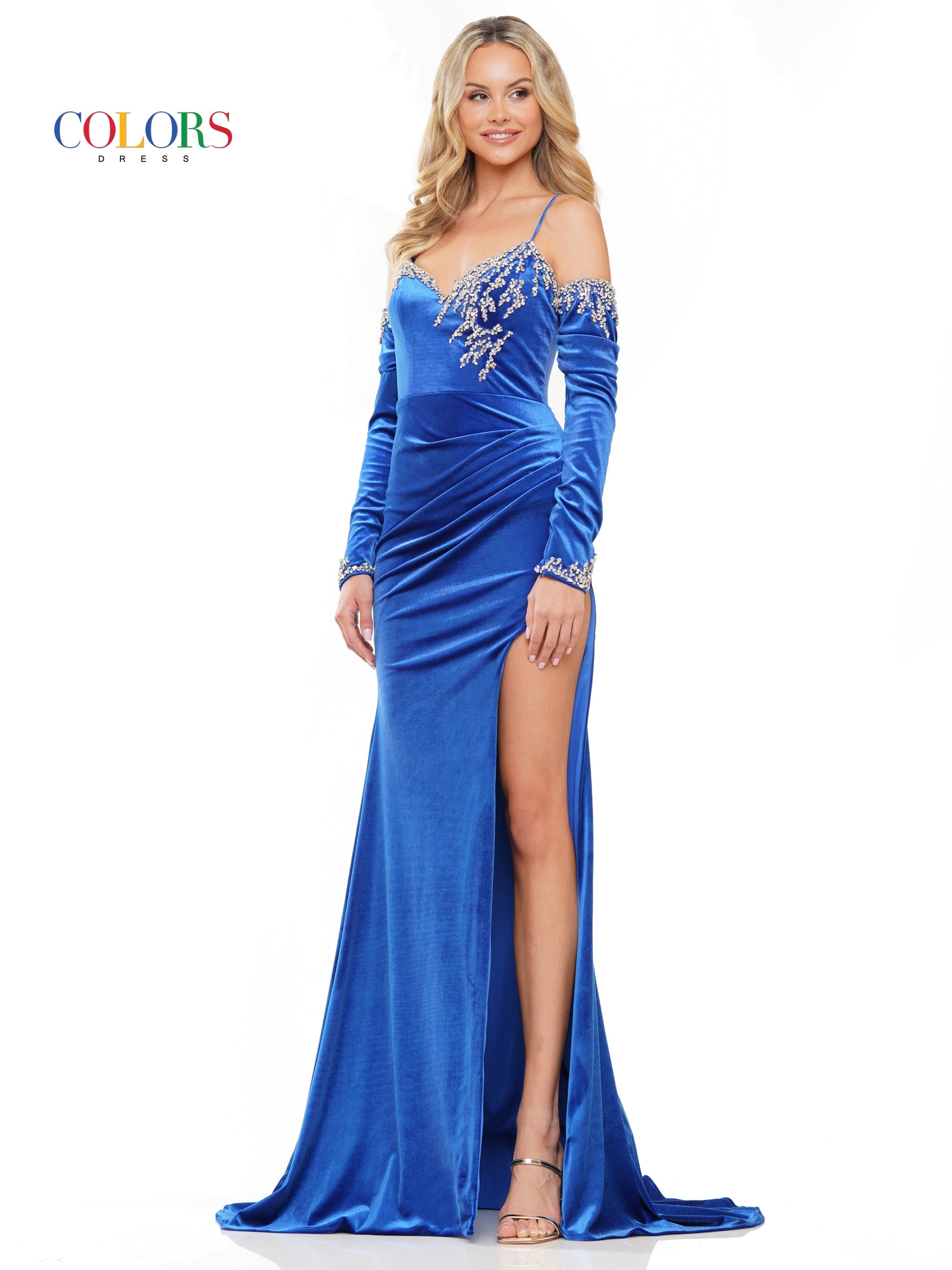 Colors 3272 Long Formal Fitted Velvet Prom Dress