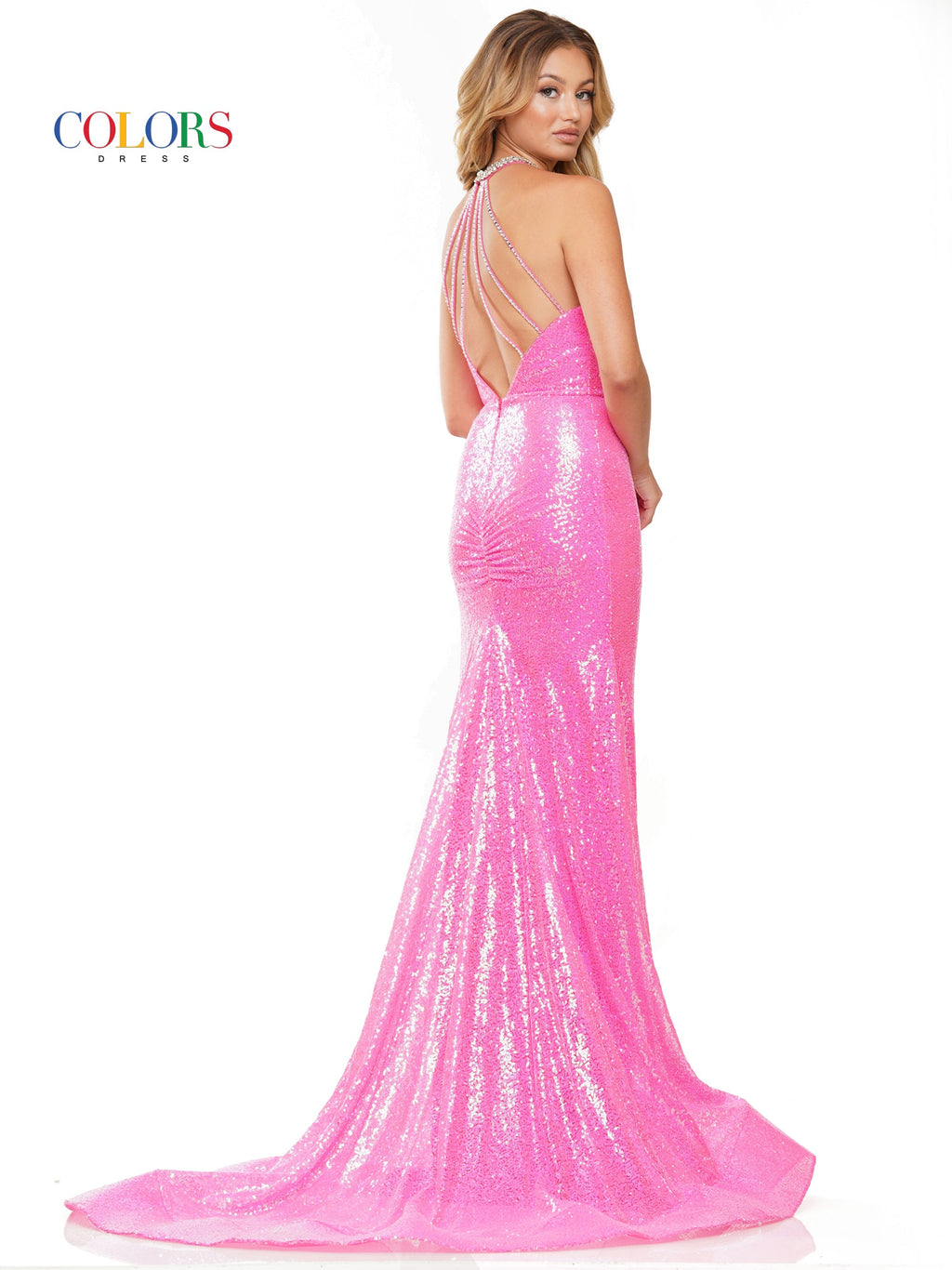 Colors 3273 Long Halter Sequin Fitted Prom Dress