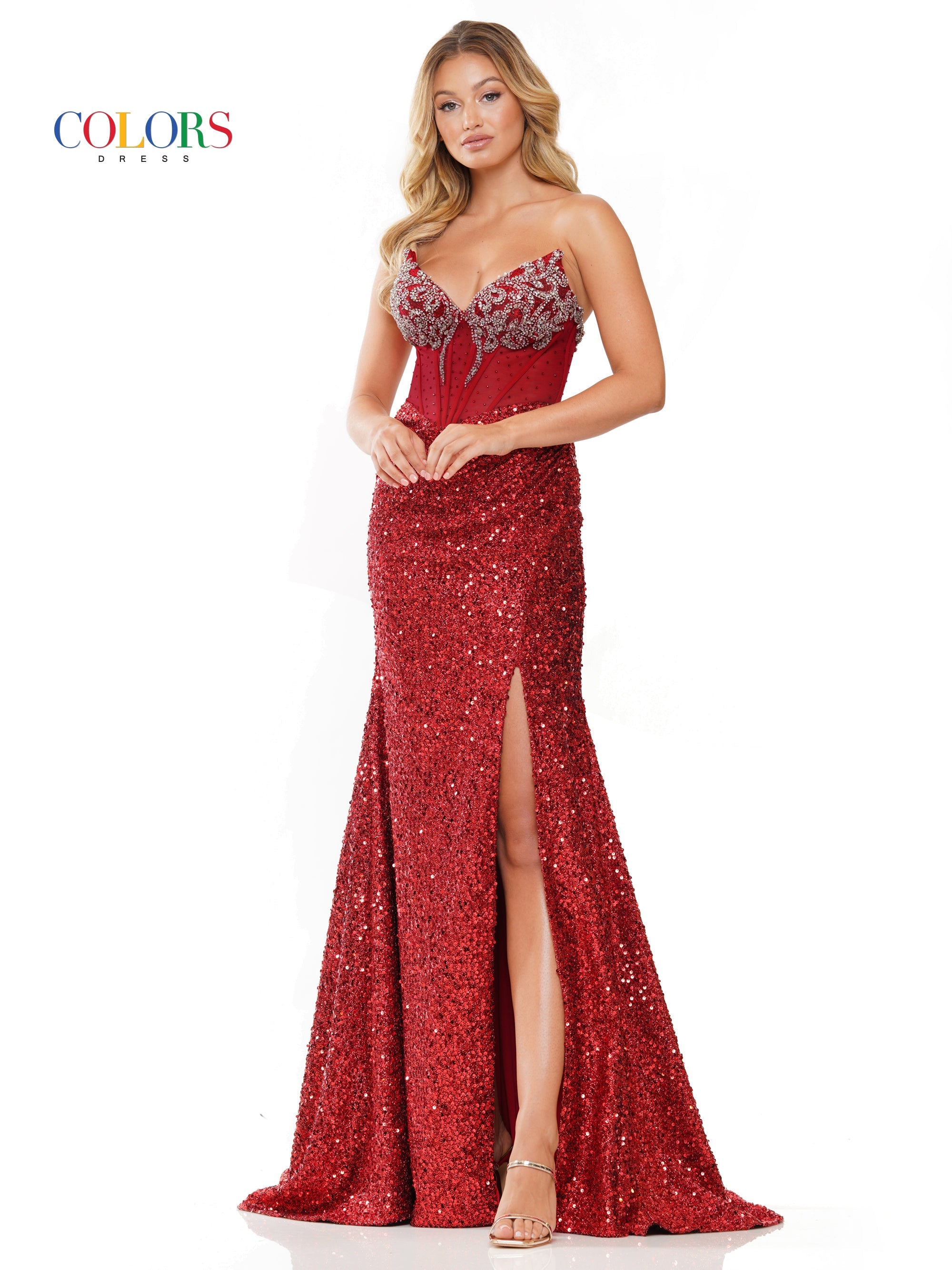 Colors 3274 Long Strapless Fitted Sequin Slit Prom Dress