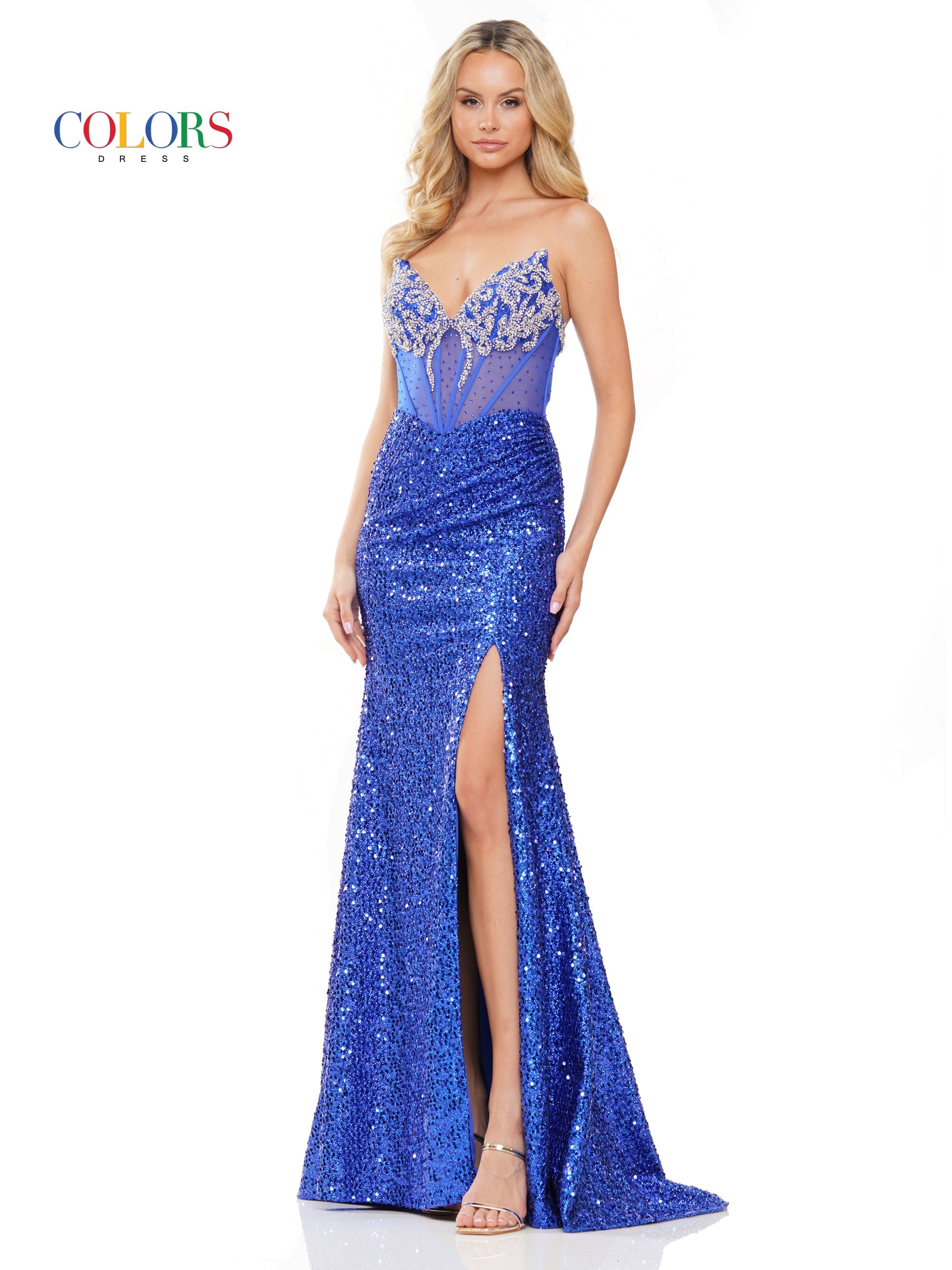 Colors 3274 Long Strapless Fitted Sequin Slit Prom Dress