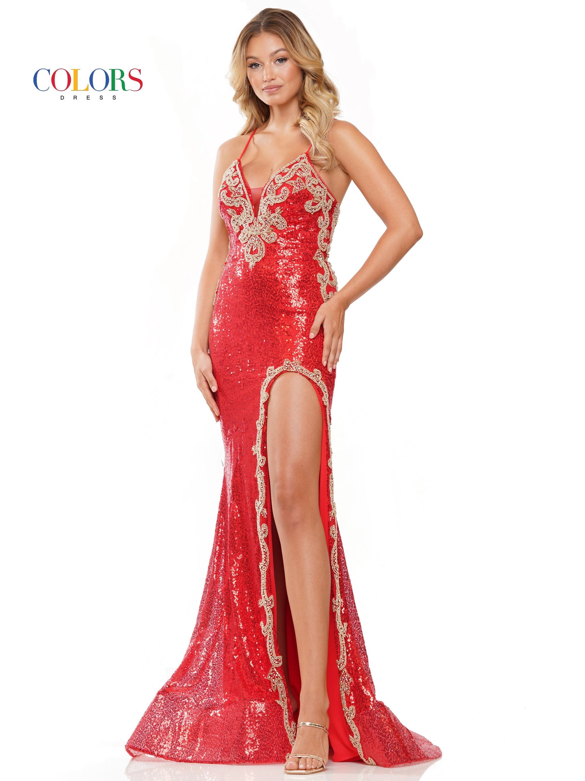 Colors 3278 Prom Long Spaghetti Strap Fitted Formal Dress