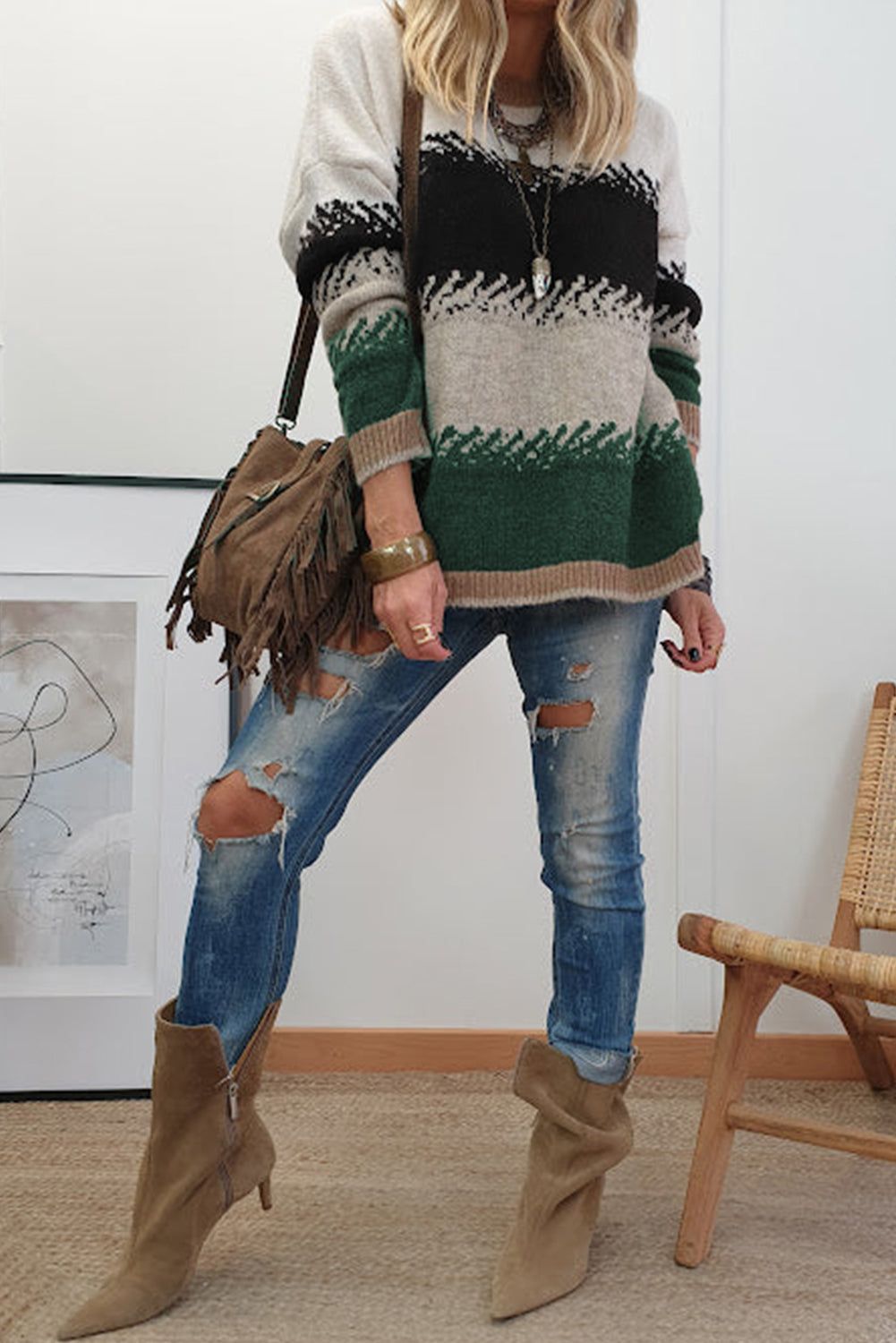 Premium Black Color Block Drop Shoulder Sweater Stylish Pattern