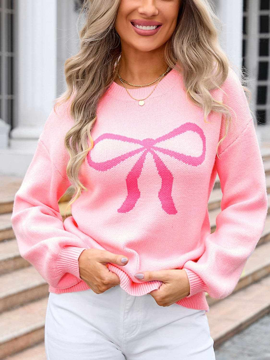 Charming bow print long sleeve sweater