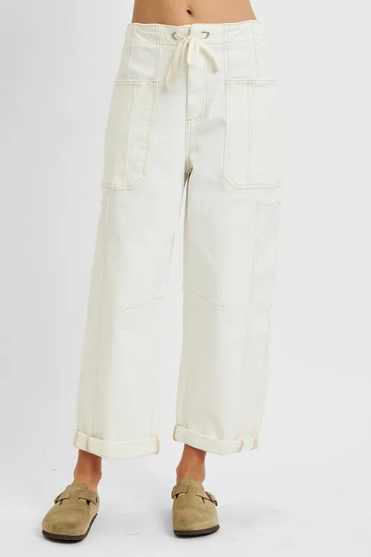 RISEN Plus White High Rise Crop Wide Barrel Cargo Jeans