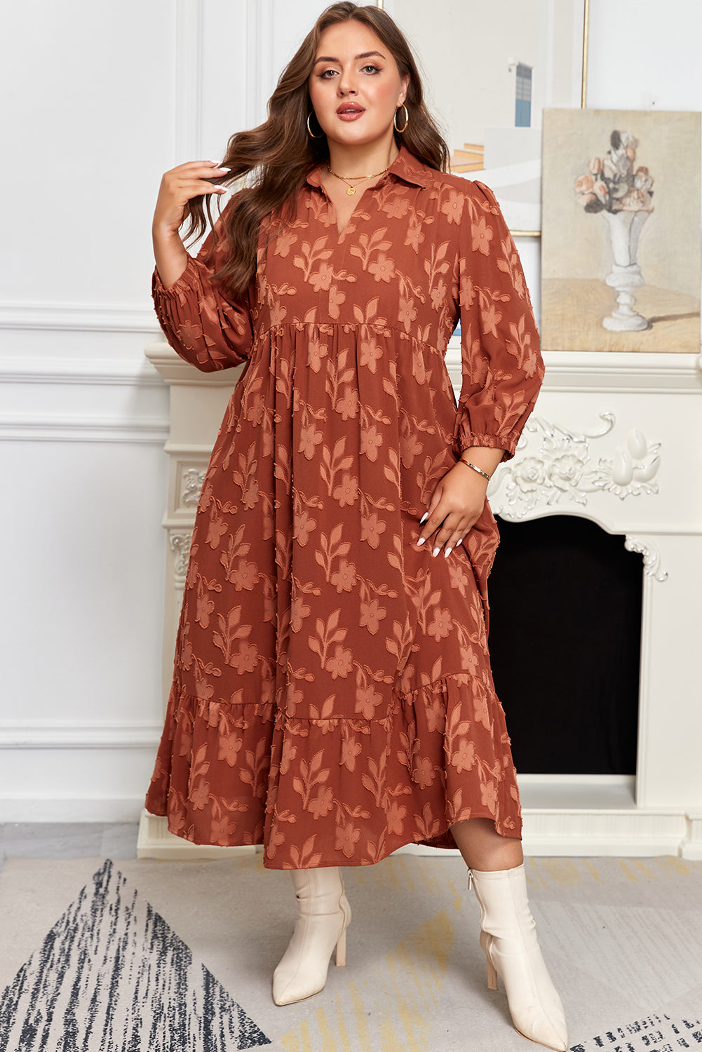 Premium Cinnamon Plus Size Textured 3D Flower Dress Ruffle Hem Long