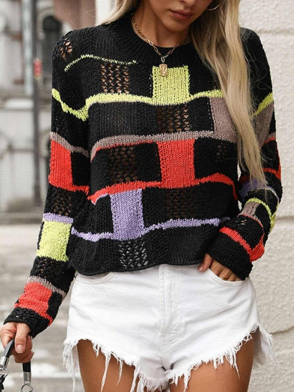 Colorful crochet round neck pullover