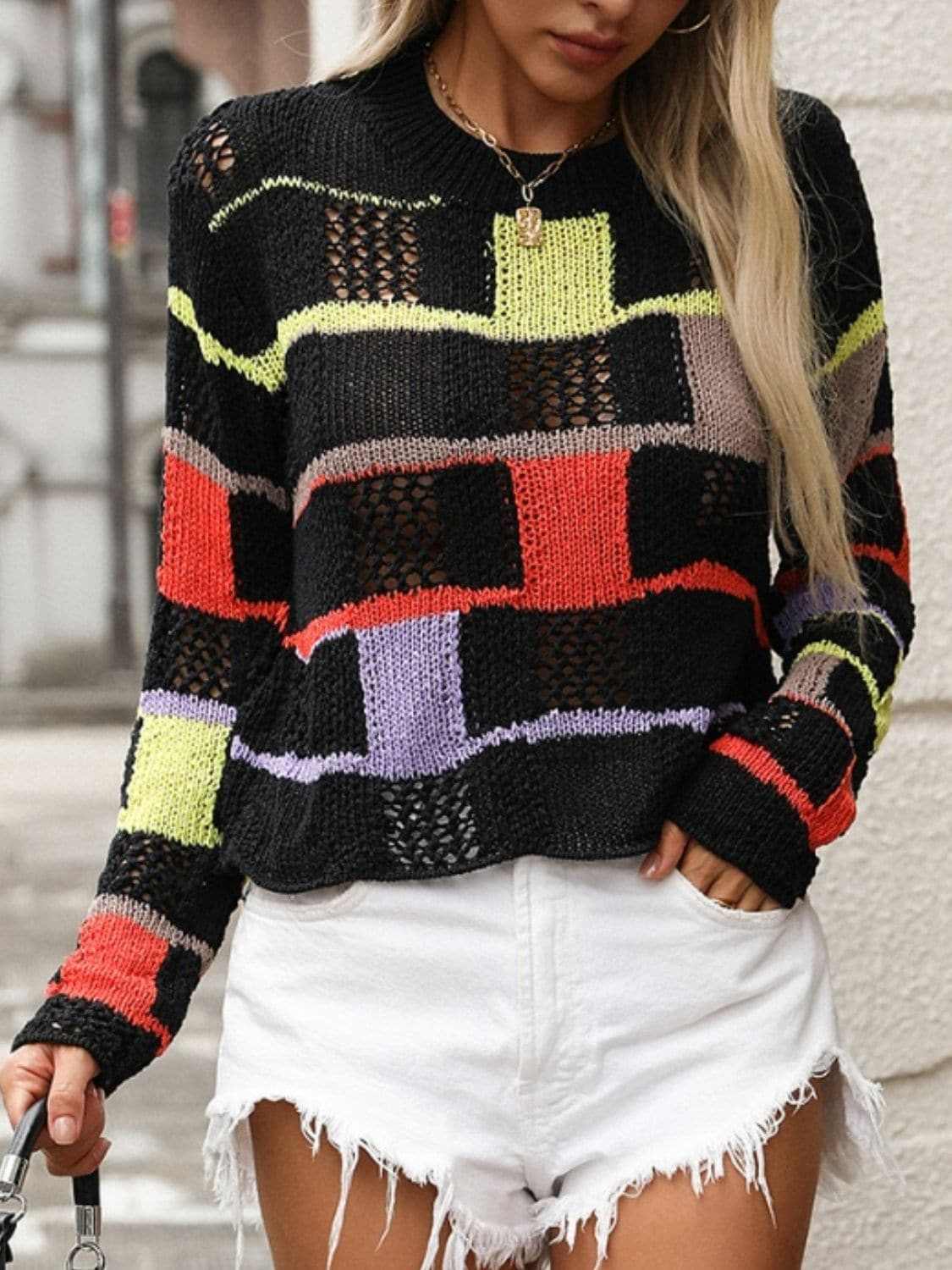 Colorful crochet round neck pullover