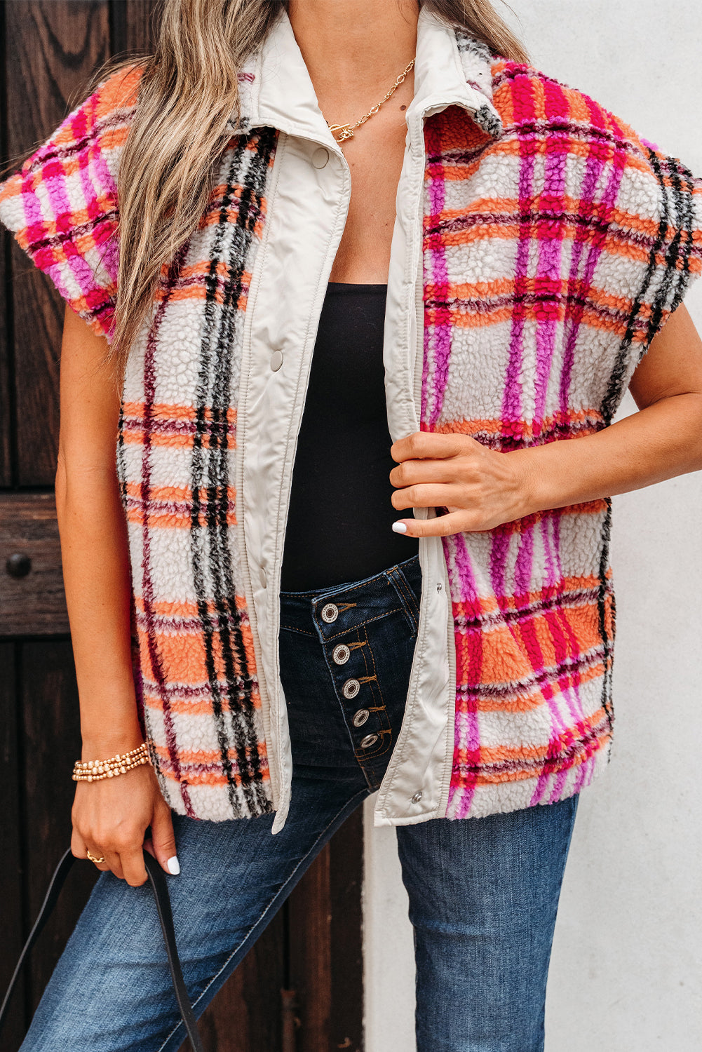 Rose Sherpa Plaid Jacket Vest
