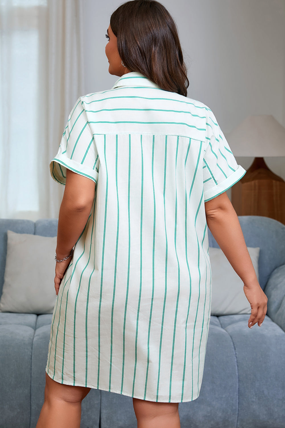 Plus Size Green Striped Button-Up Shirt Dress for St. Patrick's Day
