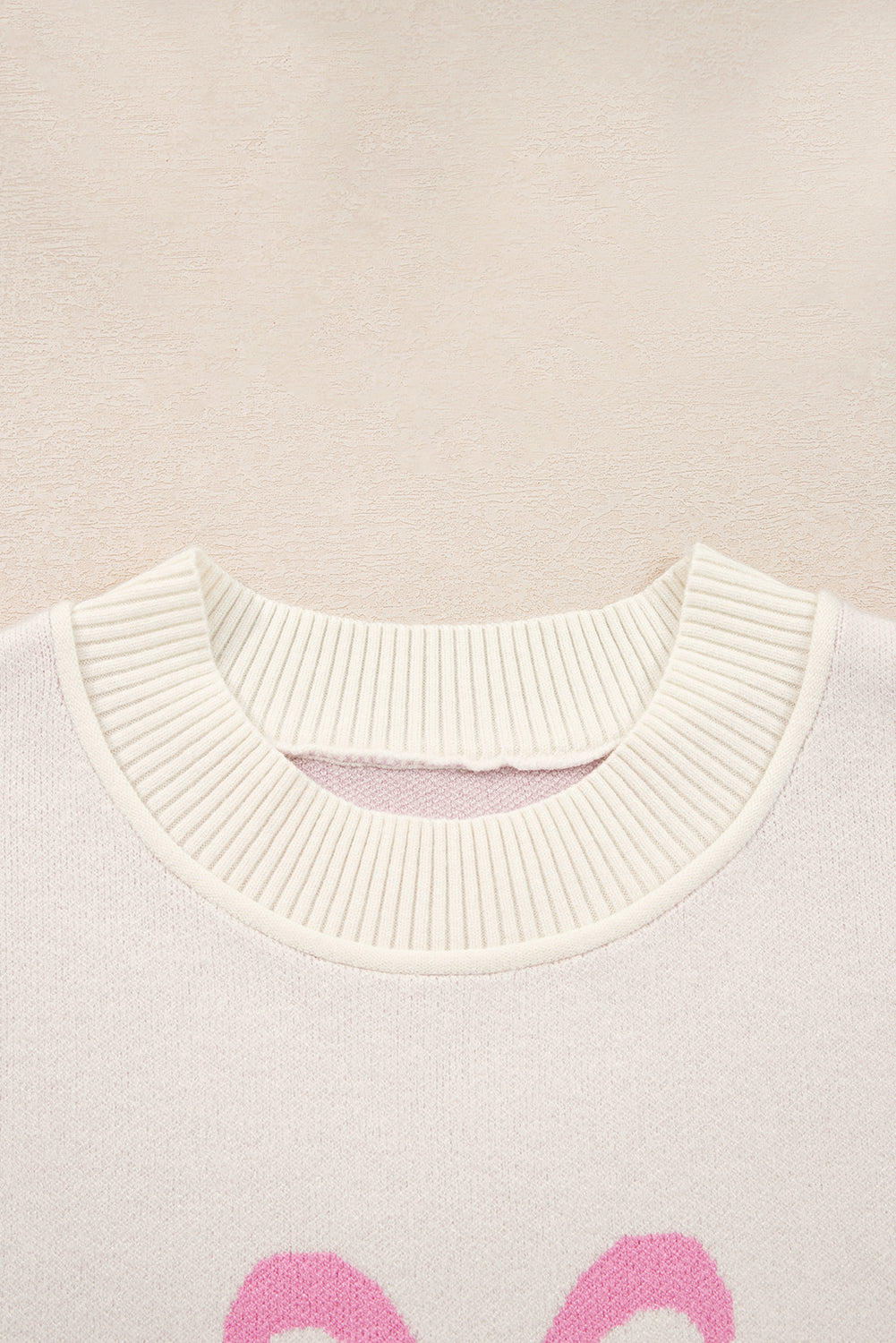Pink Bow Print Ribbed Trim Drop Shoulder Loose Sweater