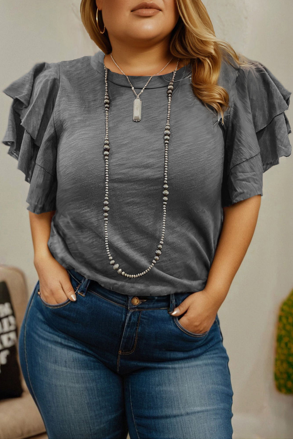 Plus Size Dark Grey Double Ruffled Short Sleeve Top