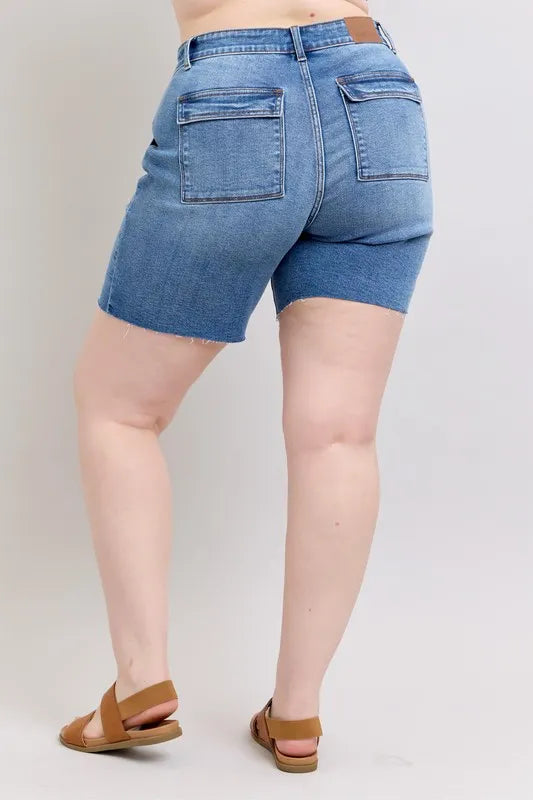 Judy Blue Mid Rise Bermuda Denim Shorts With Back Pockets